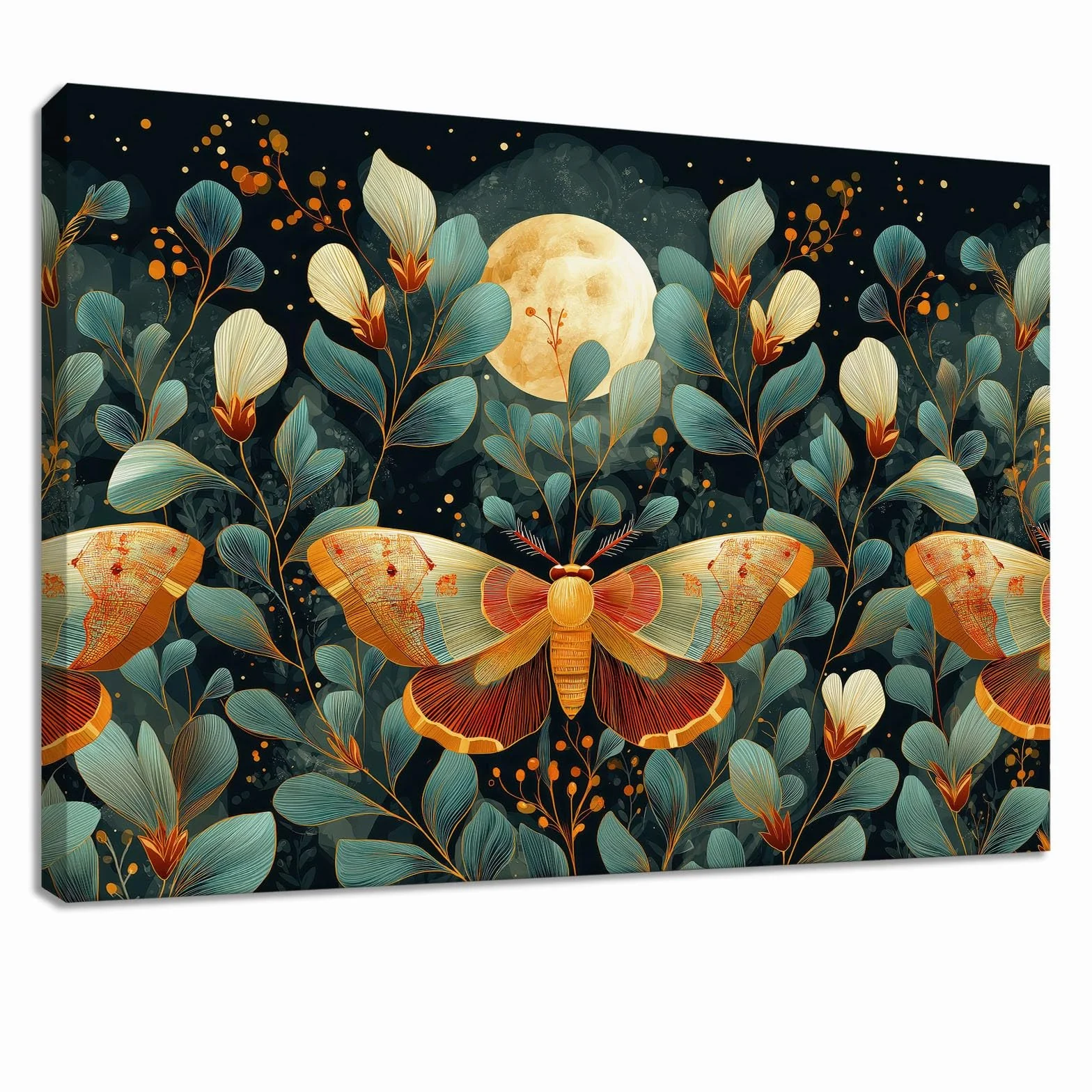 Obraz ścienny fantazyjny obraz roślinny obraz na płótnie - płótno ścienne 120 x 80 cm, wydruk na płótnie z motylem, liśćmi księżyca, oprawiona sztuka ścienna do salonu i sypialni, dekoracja ścienna