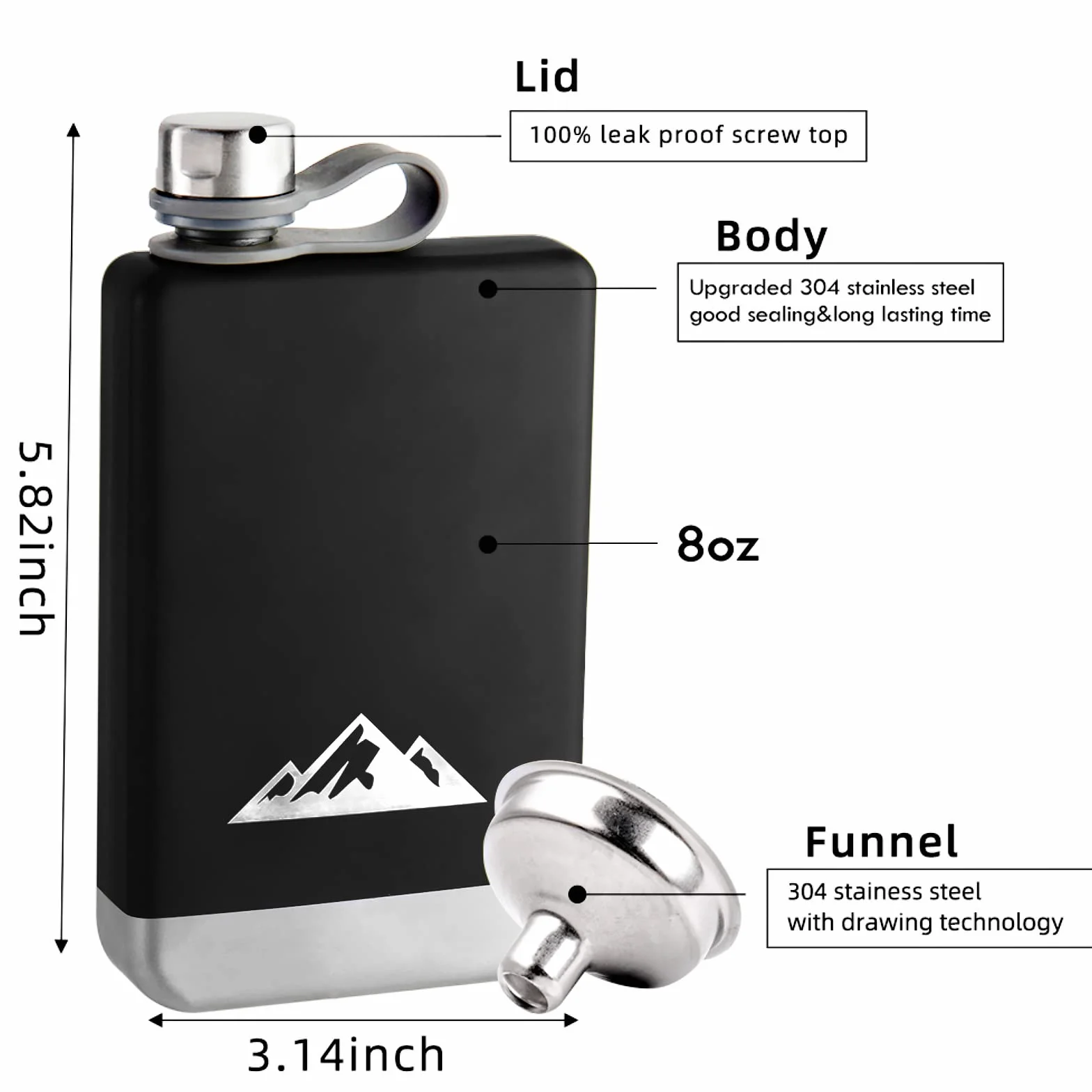 KWANITHINK Piersiówka ze stali nierdzewnej, 227 ml, Hip Flask z lejkarem, prezent na Dzień Ojca, do aktywności na świeżym powietrzu, wędrówki, wesele, kemping