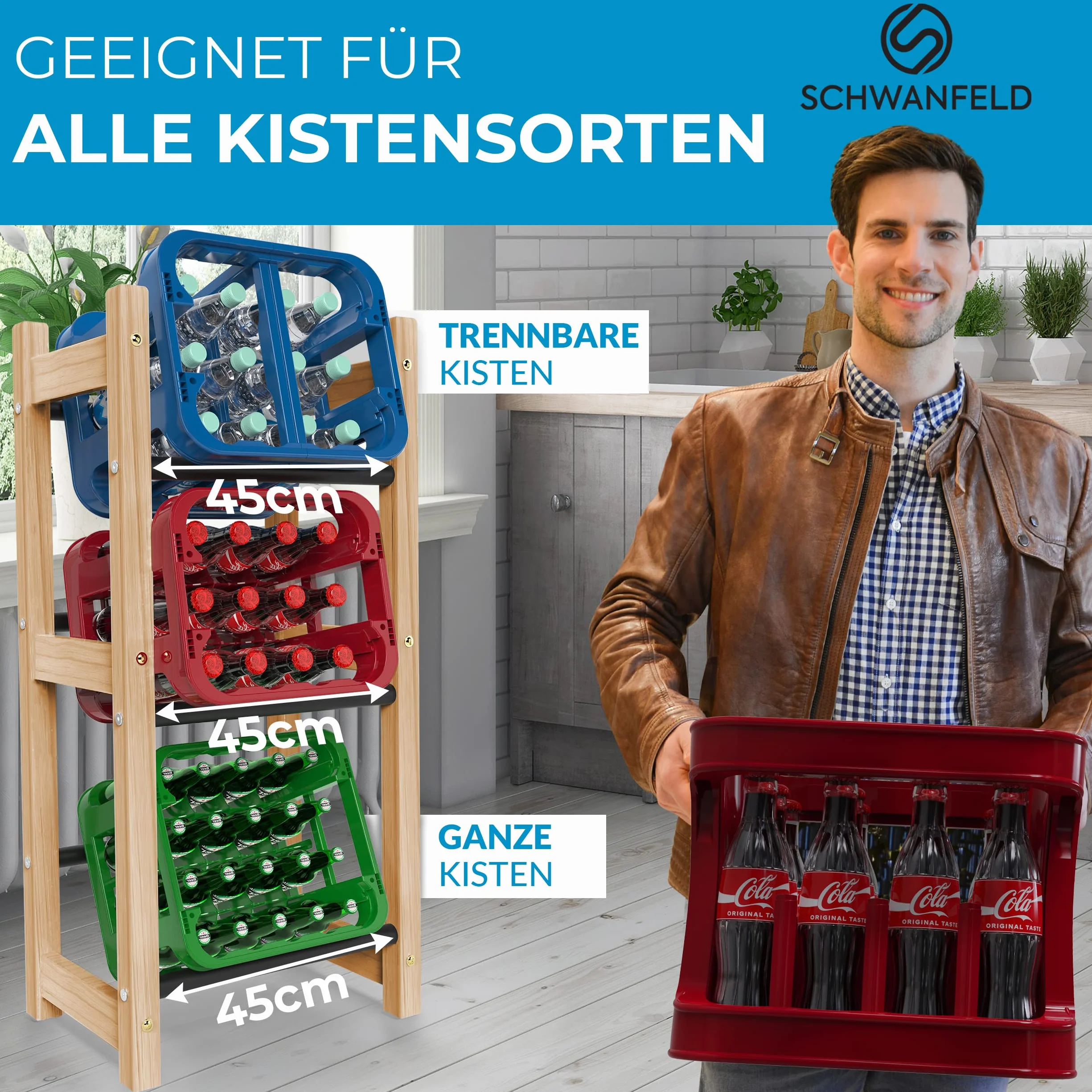 Schwanfeld® Regał na 3 skrzynki na napoje [odpowiedni do każdego rodzaju skrzynek] – w zestawie instrukcja montażu, śruby, klucz imbusowy – regał na napoje z wysokiej jakości drewna FSC – stabilny regał na skrzynki