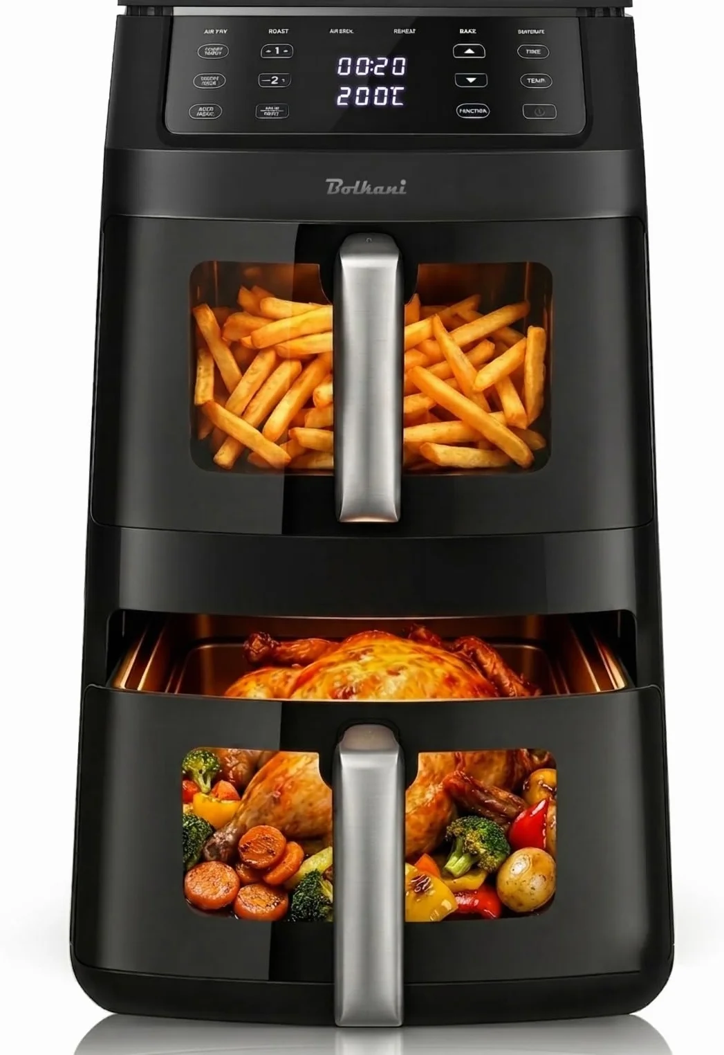Frytkownica na gorące powietrze, 11 l, z 2 komorami i okienkiem, podwójna komora Airfryer z podwójną funkcją, automatyczne programy 6 w 1, ekran dotykowy, nieprzywierające i nadające się do
