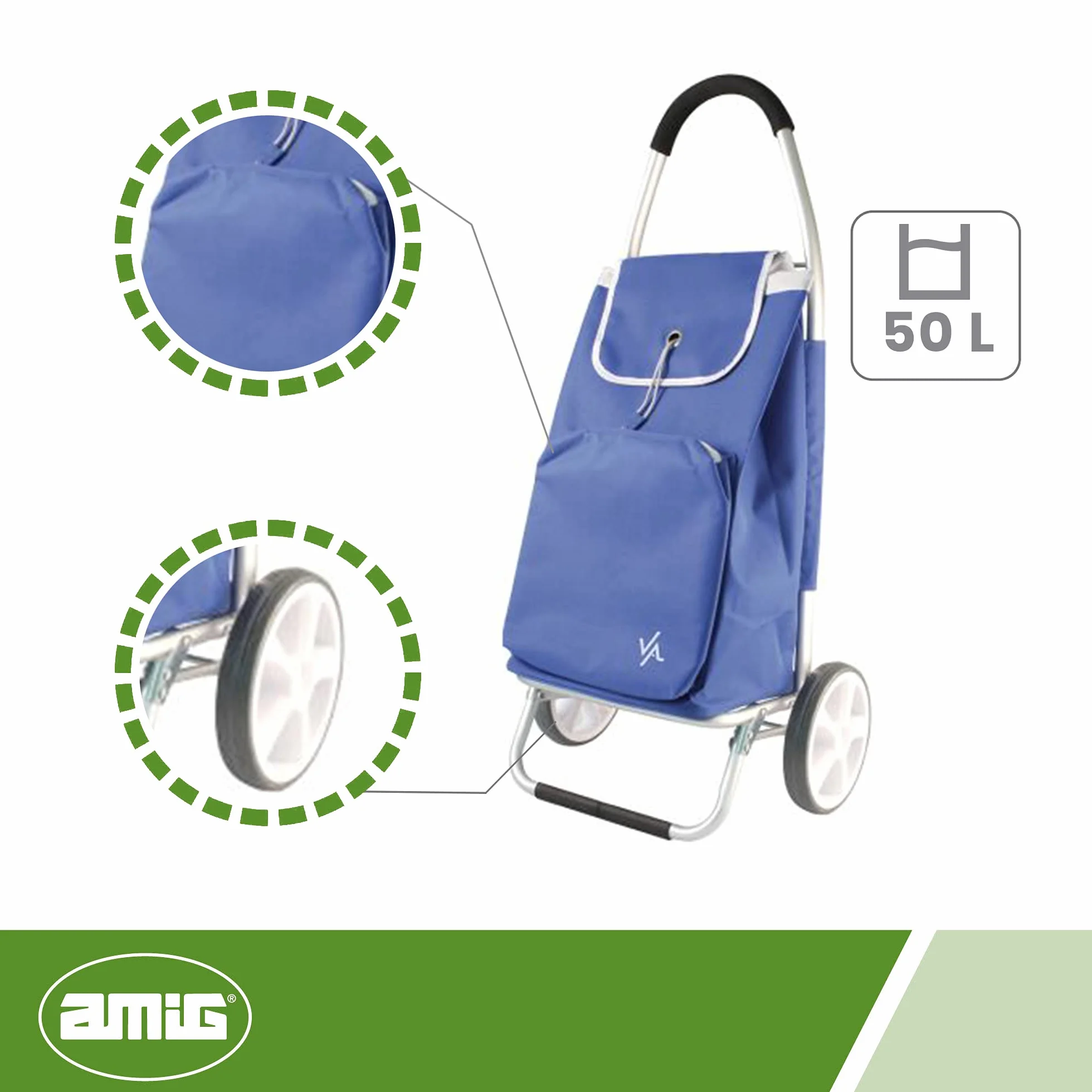 Amig – Wózek na zakupy z 2 kółkami – regulowana torba – lekkie aluminium – maksymalna nośność: 15 kg – 50 l pojemności – wymiary: 95 x 45,5 x 12 cm – kolor: niebieski
