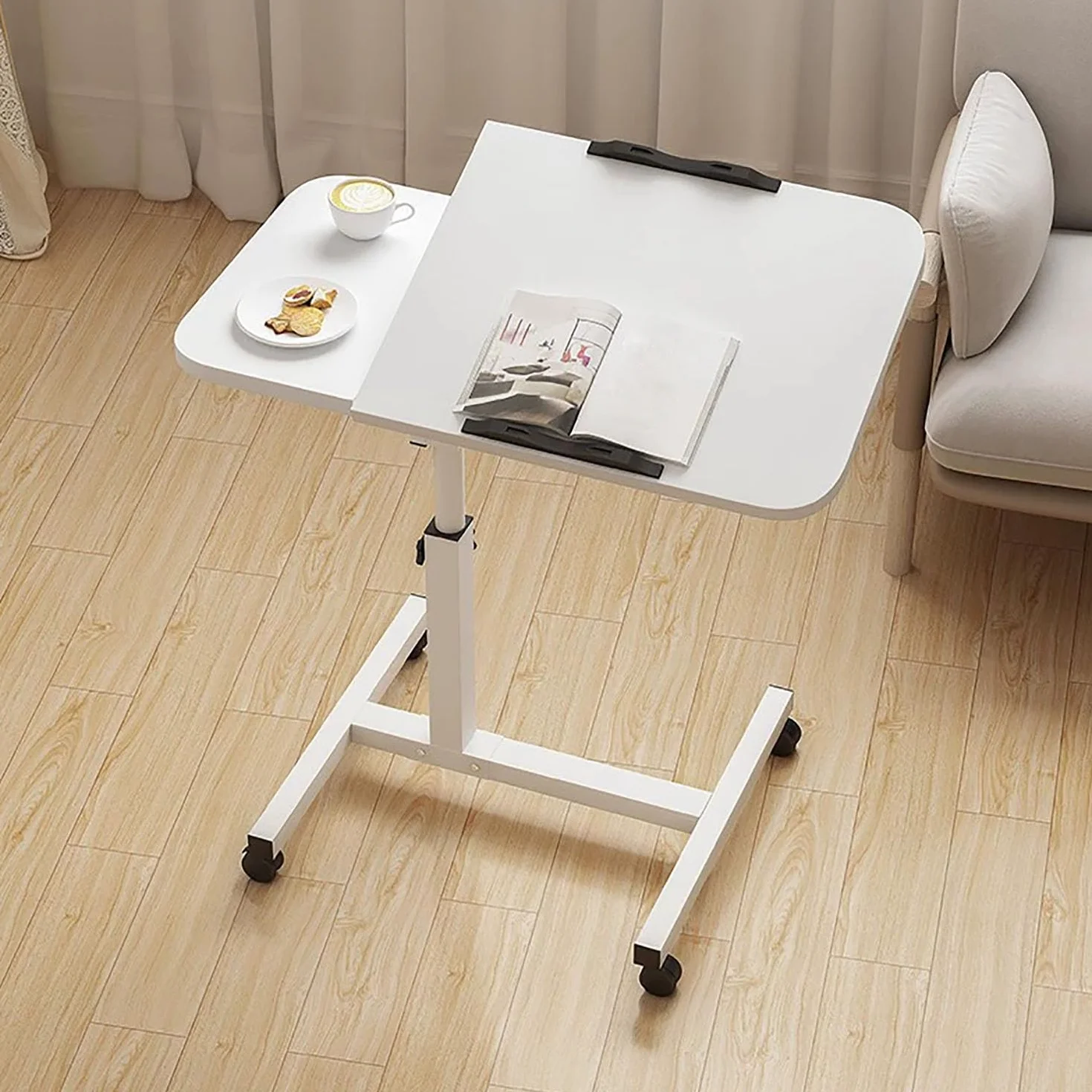 Regulowany składany stolik pomocniczy z kółkami – mobilna sofa z regulacją wysokości i kąta nachylenia, idealny do domu i biura, biały, wszechstronny laptop i biurko do jadalni