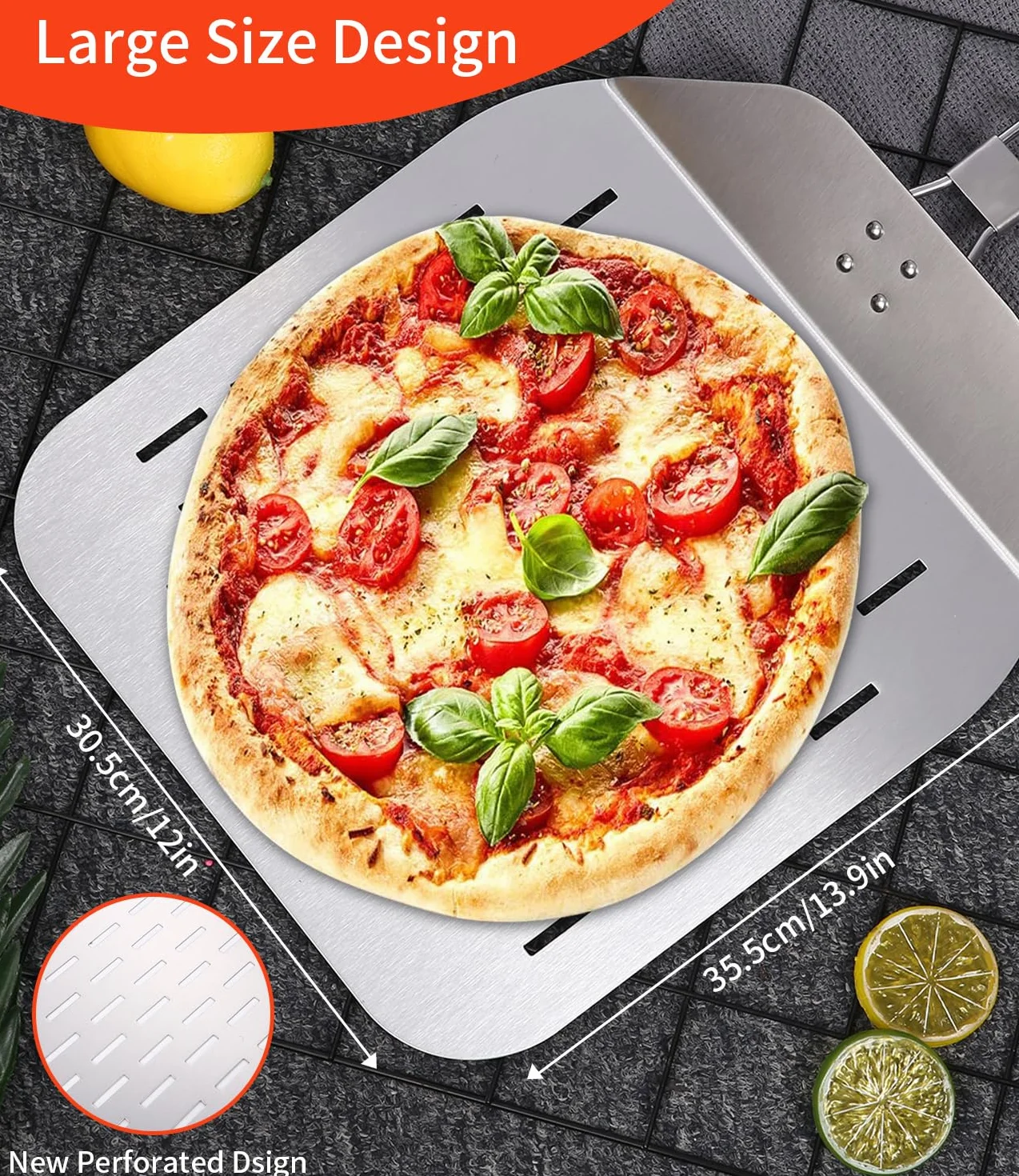 Zawaer Łopata do pizzy z krótkim otworem, profesjonalna stal nierdzewna, duża powierzchnia do grillowania, składany uchwyt do piekarnika i grilla, bardziej stabilna
