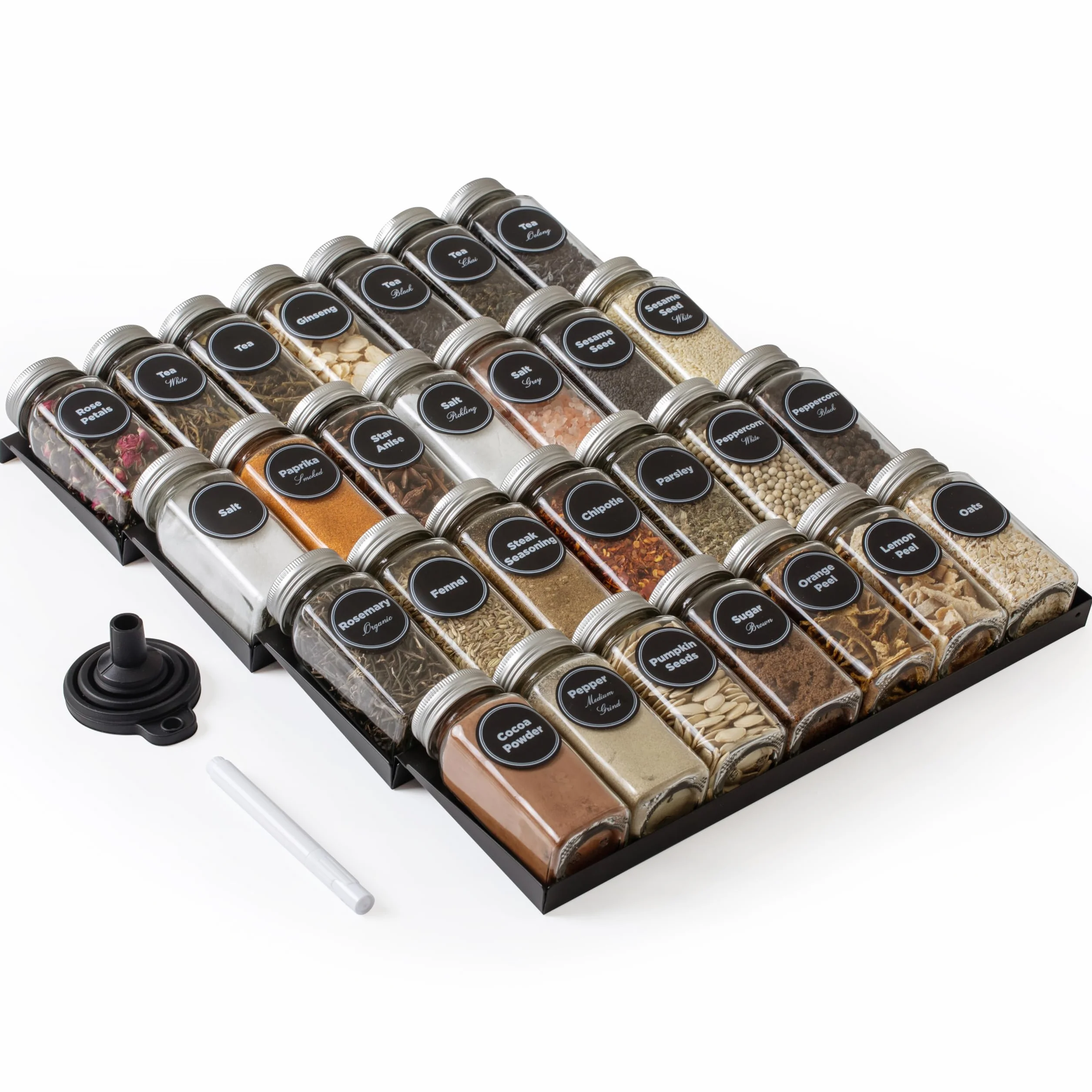simplemade - Organizer do szuflad, stojak na przyprawy do kuchni, 4-poziomowy czarny organizer na przyprawy z 28 słoikami i etykietami z długopisem, silikonowy lejek, 33 cm na 44,5 cm