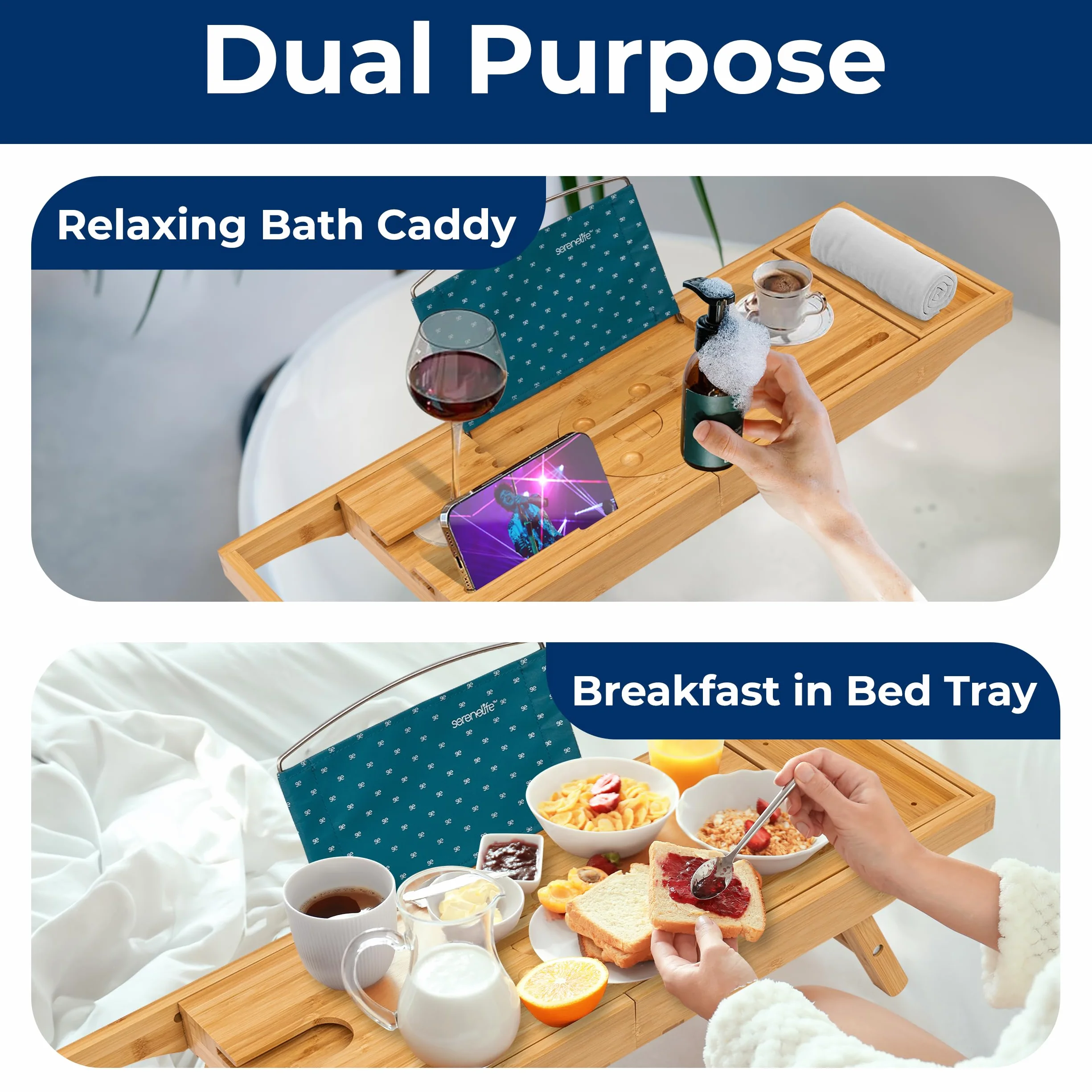 SereneLife Bamboo Bathtub Caddy with Adjustable Length, Non-Slip Handles, Integrated Device Holder and Wine Glass Slot - Expandable Design for Comfortable Bathing