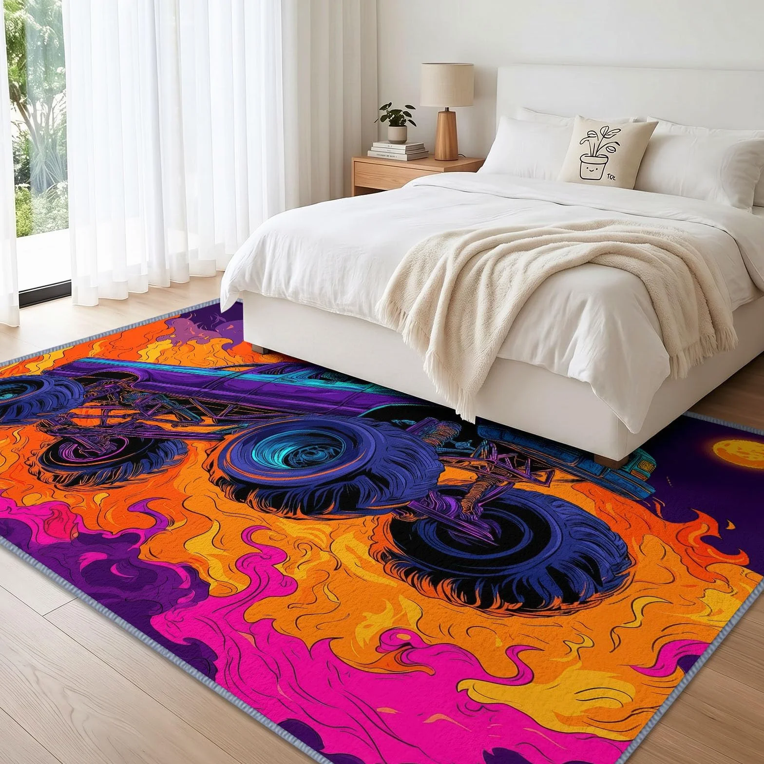 American Street dywan 160 x 230 cm, zmywalny, Monster Truck, płomień, dywan do salonu, antypoślizgowy dywan z niskim runem do sypialni, jadalni, salonu, biura, wewnątrz, dekoracja domu, dekoracyjny