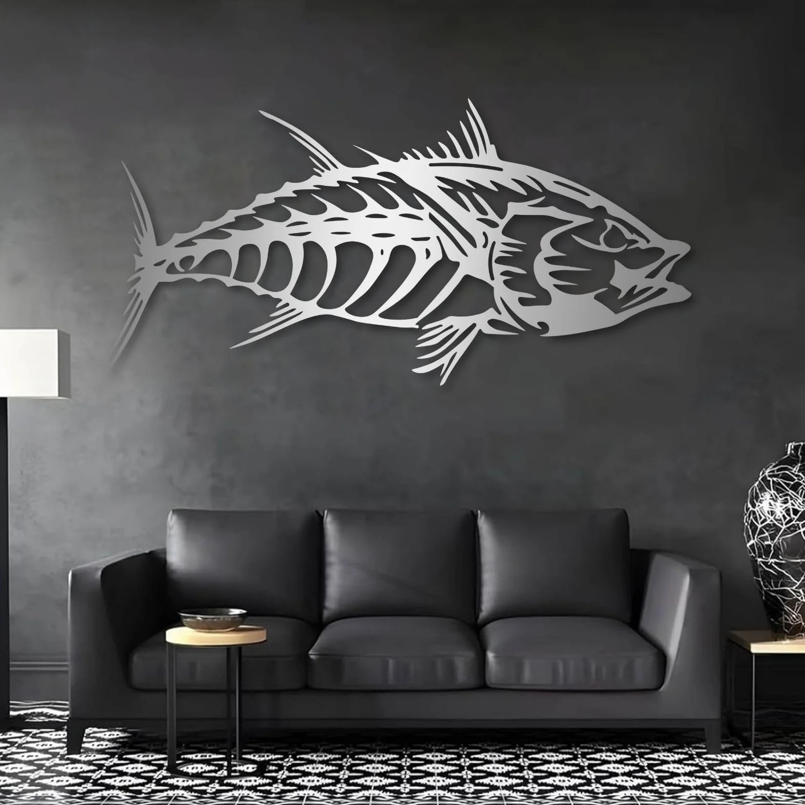 Metalowa dekoracja ścienna w kształcie tuńczyka i ryby, styl morski, do łazienki, salonu, sypialni, jadalni (czarny, 121 x 59 cm, szerokość 48 cali x wysokość