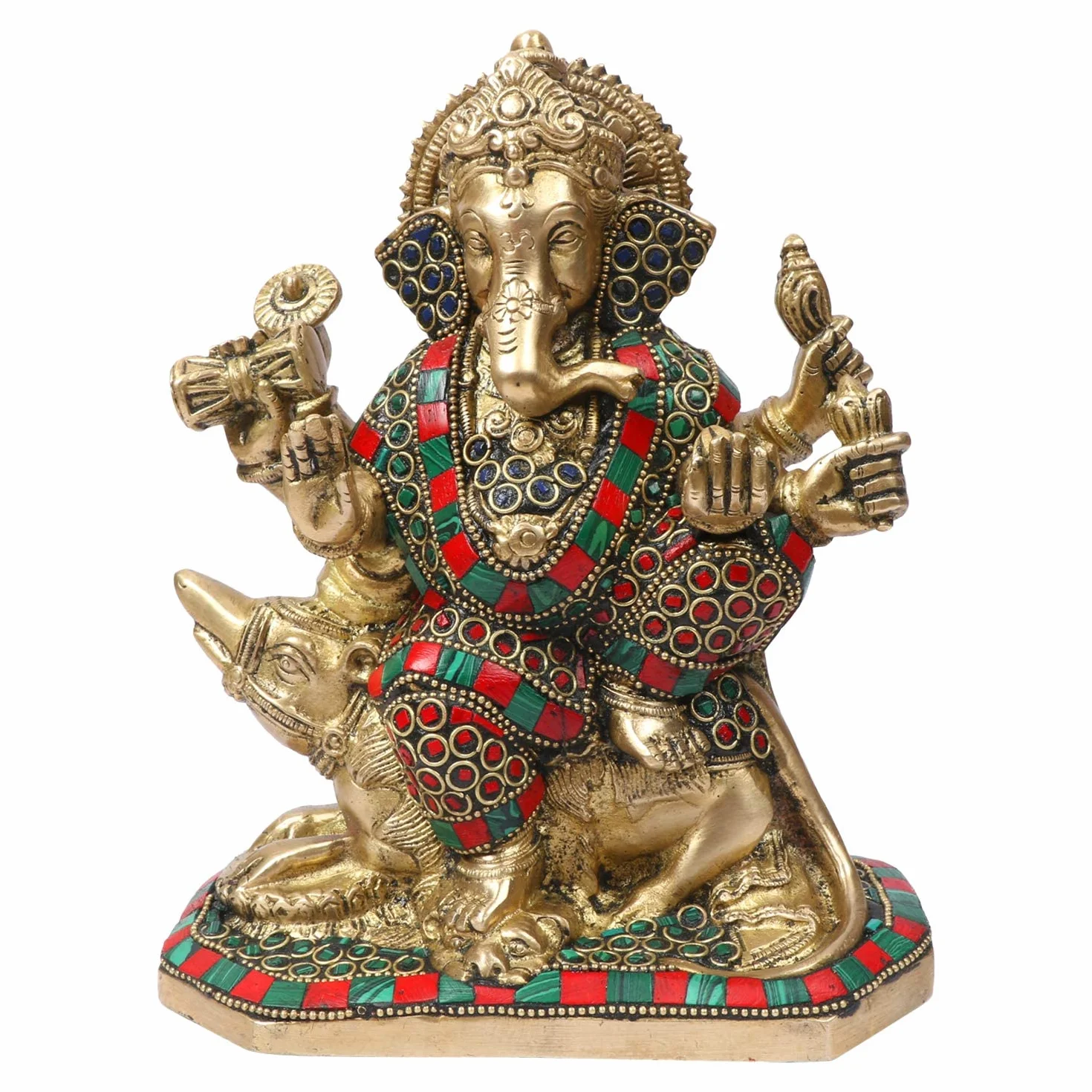 Kartique Mosiężny lord Ganesha Bhagwan idol Mangalkari Ganpati statuetka do wejścia do domu dekoracja salonu siedzący na myszce Mooshak Sawari złoty wielokolorowy wysokość 20 cm
