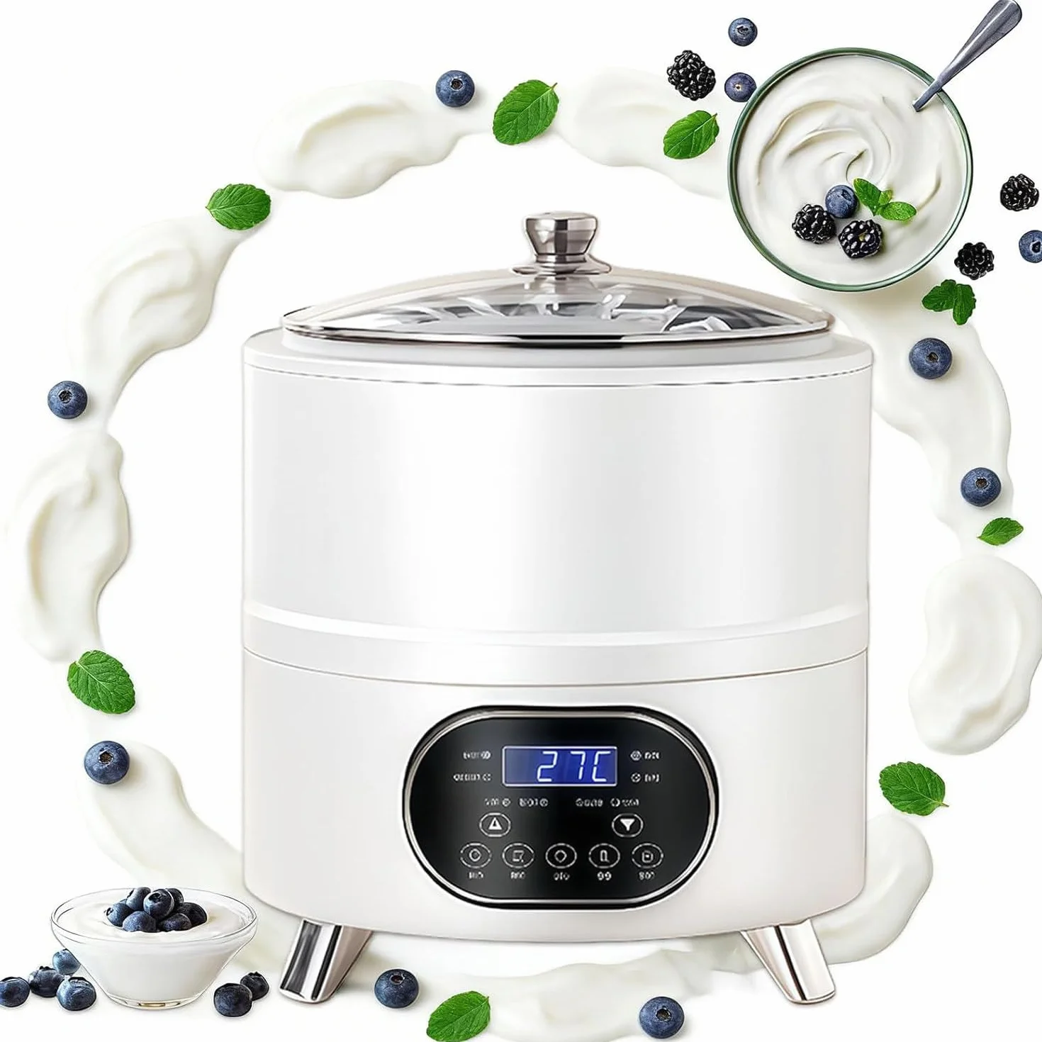 Maszyna do robienia jogurtów, 8 l/12 l z wyświetlaczem LED, regulowana temperatura 25℃-80℃, fermentacja w stałej temperaturze 360° do domowego jogurtu i Natto