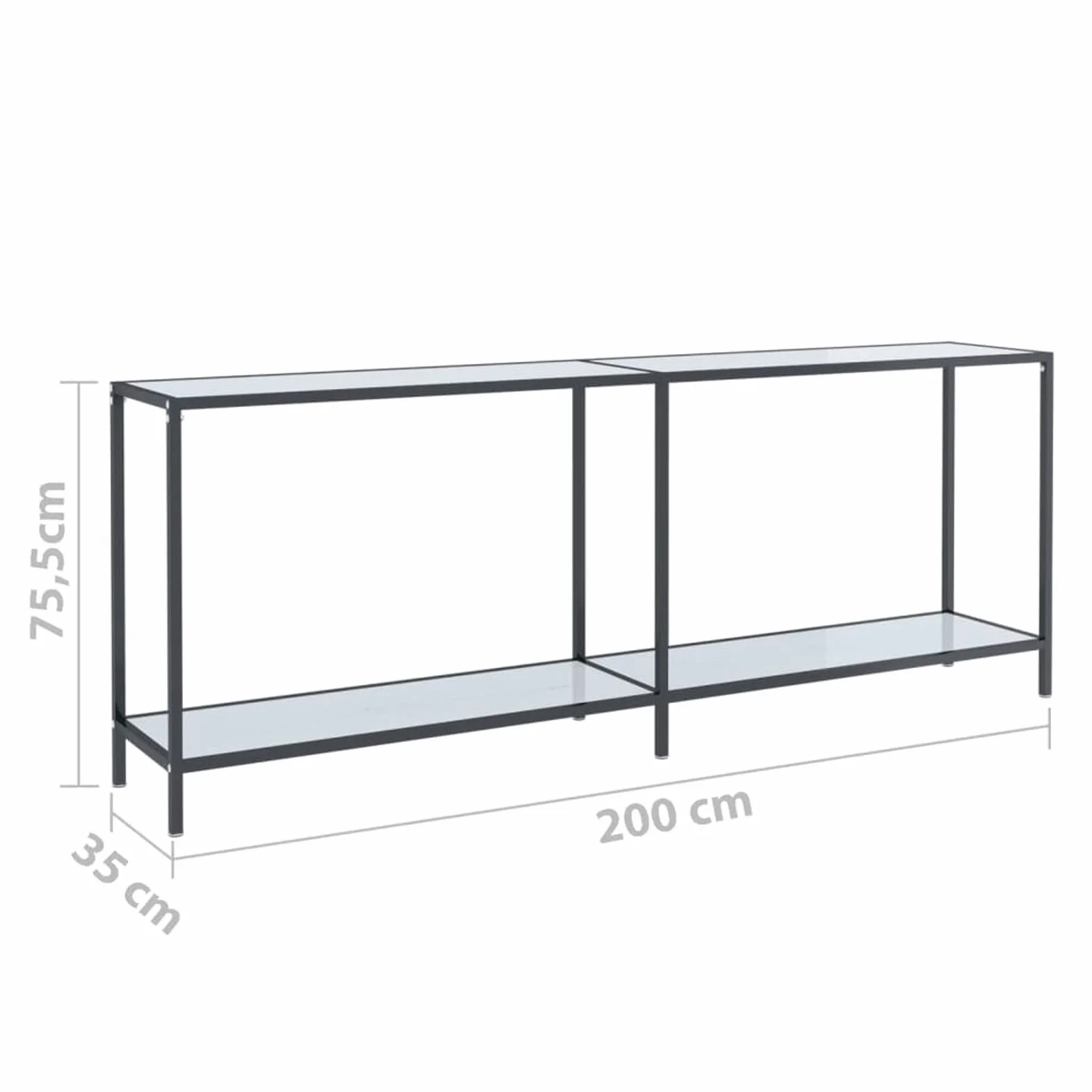 Stół konsolowy biały 200 x 35 x 75 cm ze szkła hartowanego, stolik konsolowy do przedpokoju, wąski stół wejściowy z szufladą i półkami do przechowywania, stolik na sofę do małych przestrzeni