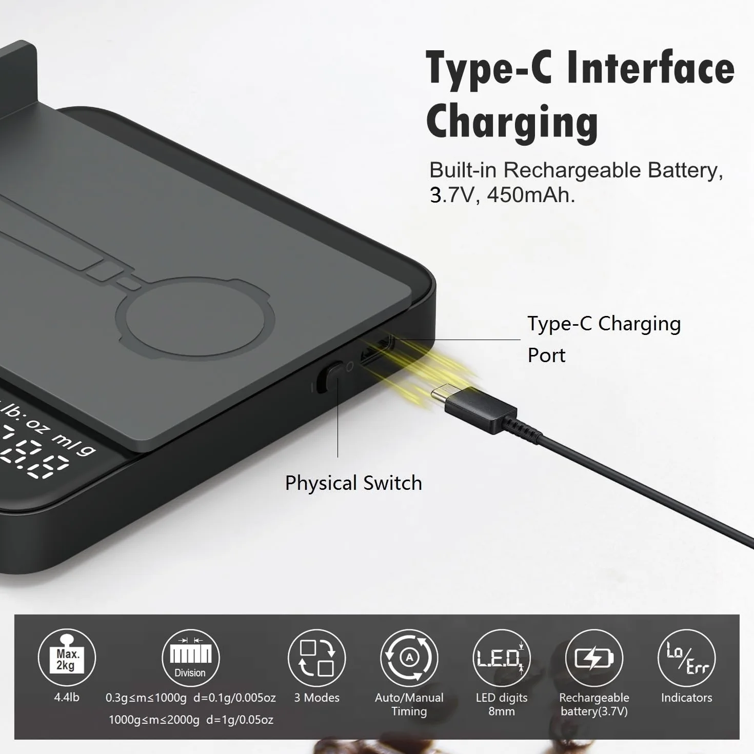 NUTRI FIT Mini waga do kawy z timerem, ładowalna waga kuchenna USB-C, przenośna waga do espresso z wyświetlaczem LED, rozmiar produktu 11,5 x 10 cm, 2 kg/0,1 g - czarna