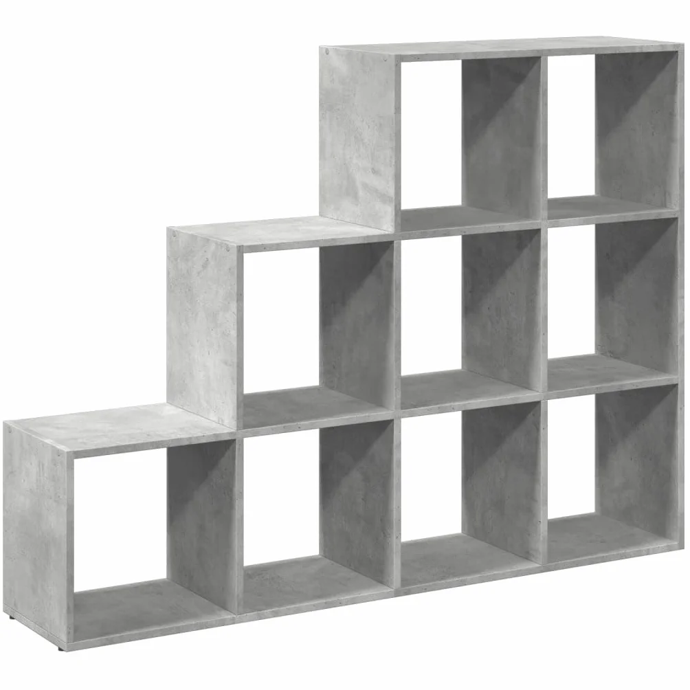 Regał na książki 3 stopnie szary betonowy 137,5 x 29 x 103,5 cm | 9 przegródek na kostkę, materiał drewnopochodny, łatwy w pielęgnacji, może służyć jako ścianka działowa