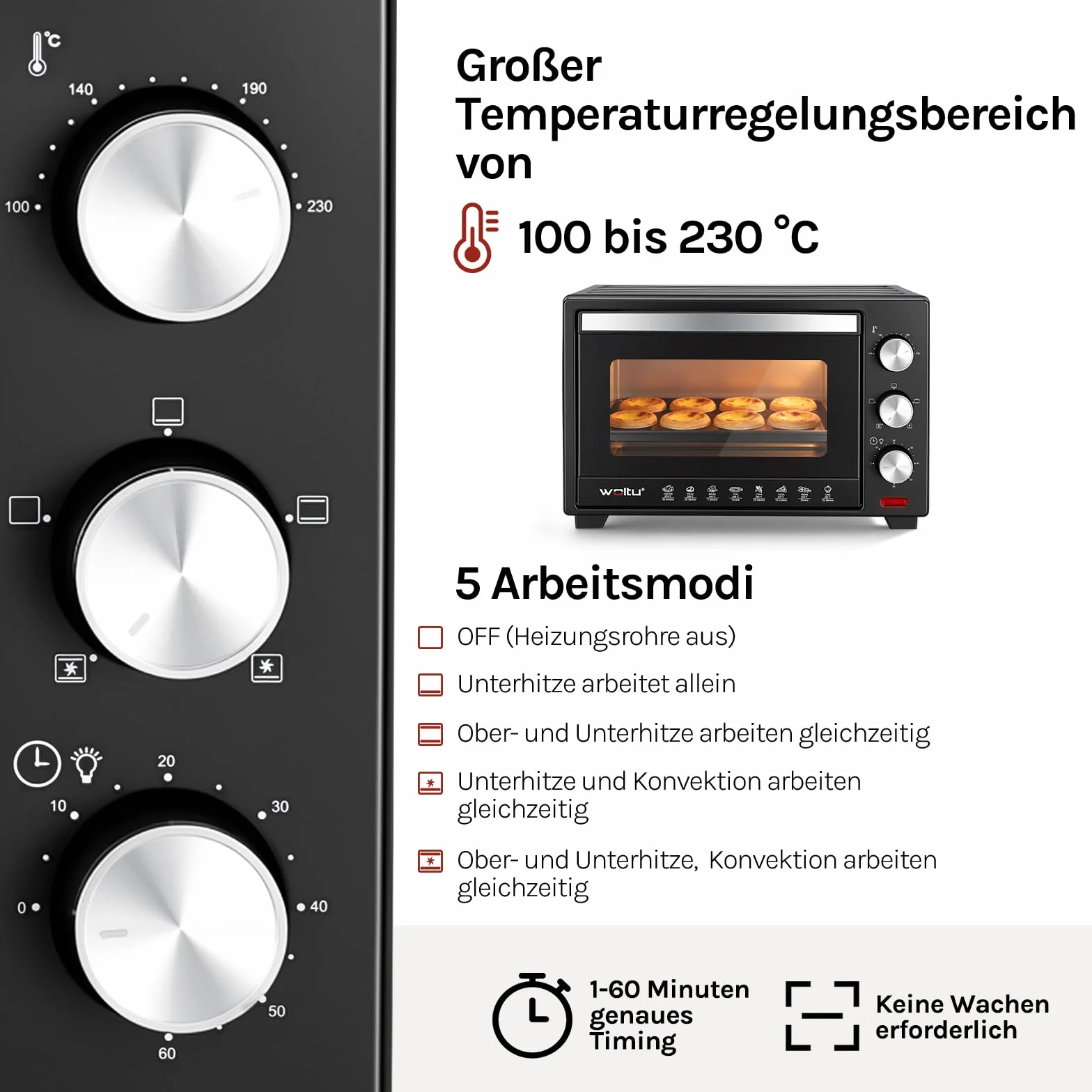 WOLTU mini piekarnik 25 litrów, piekarnik toster 1500 W | Piec do pizzy | Taca na okruchy z minipiekarnikiem z timerem do pizzy, tostów, indyka, czarnych hot-dogów
