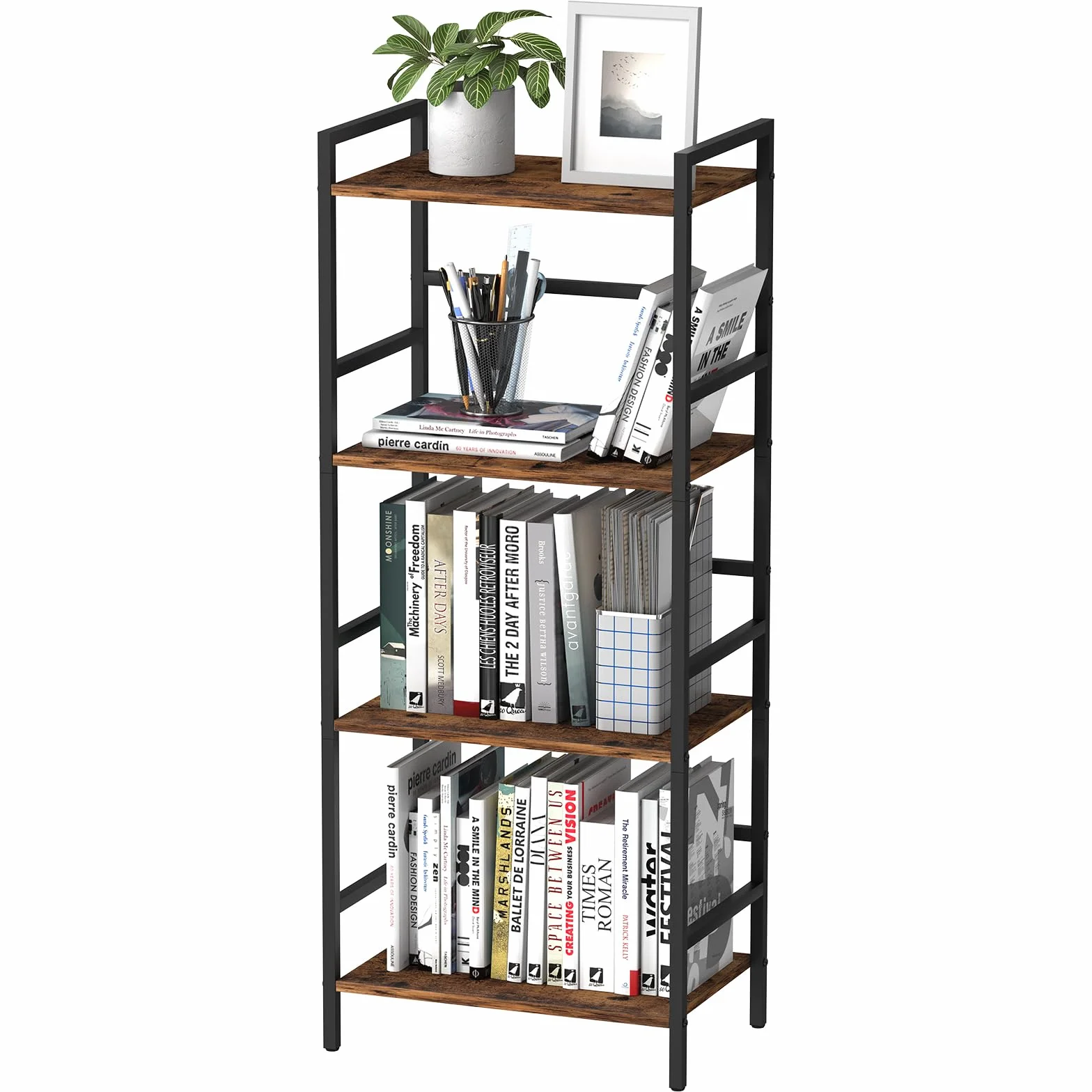 CADUKE 4-poziomowa półka na książki z miejscem do przechowywania Industrial Open Etagere Bookcase Wood Metal Book Shelf Stand Brown Regały na książki do salonu, sypialni, biura