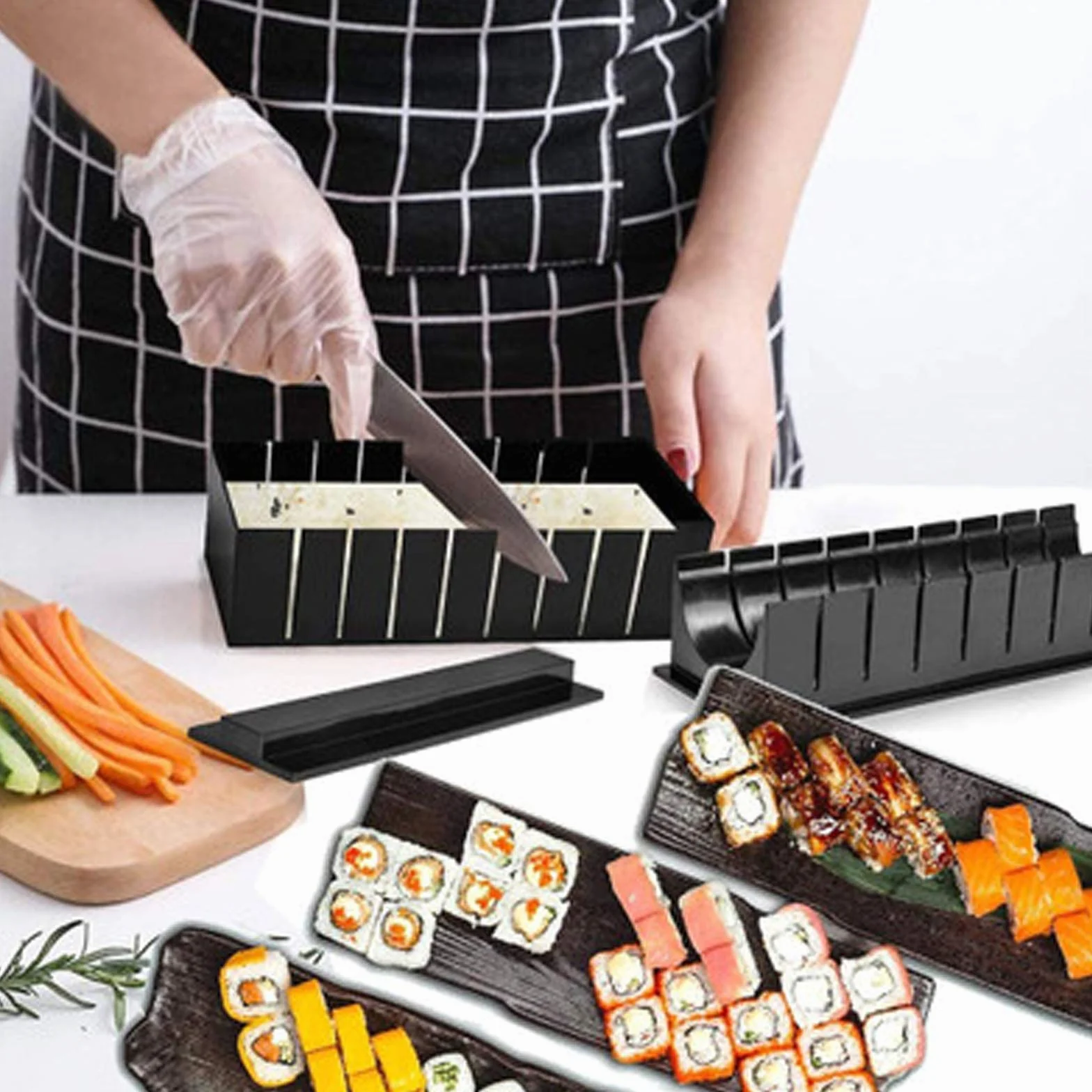 Domowy zestaw do robienia sushi, zestaw 11 sztuk z 8 rolkami do ryżu, widelcem, szpatułką, nożem - łatwy do czyszczenia i użytkowania, można myć w zmywarce do kuchni