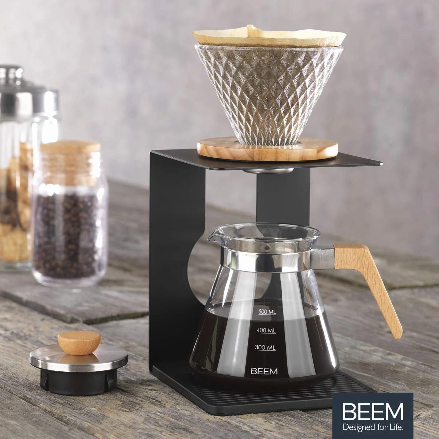 BEEM POUR OVER zestaw zaparzaczy do kawy na 4 filiżanki | w zestawie szklany filtr ręczny i szklany dzbanek z pokrywką | do ręcznego parzenia kawy w tradycyjny sposób | eleganckie i nowoczesne