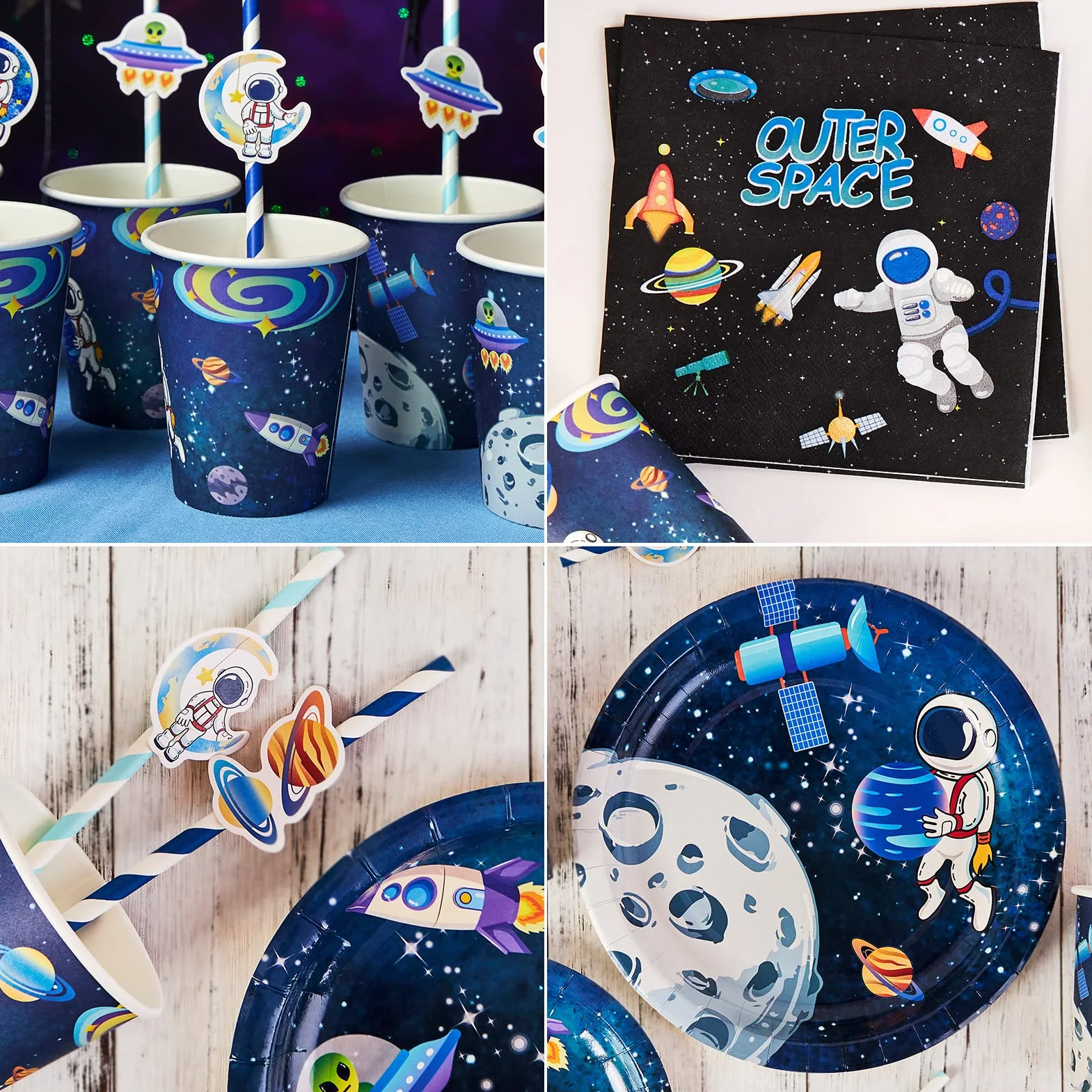 SUNBEAUTY Dekoracja urodzinowa Motyw Kosmiczny Układ Słoneczny Party Deco Zaopatrzenie na przyjęcie Talerze, Słomki, Ręczniki papierowe, Kubki Astronauta Rakieta Planeta dla dzieci
