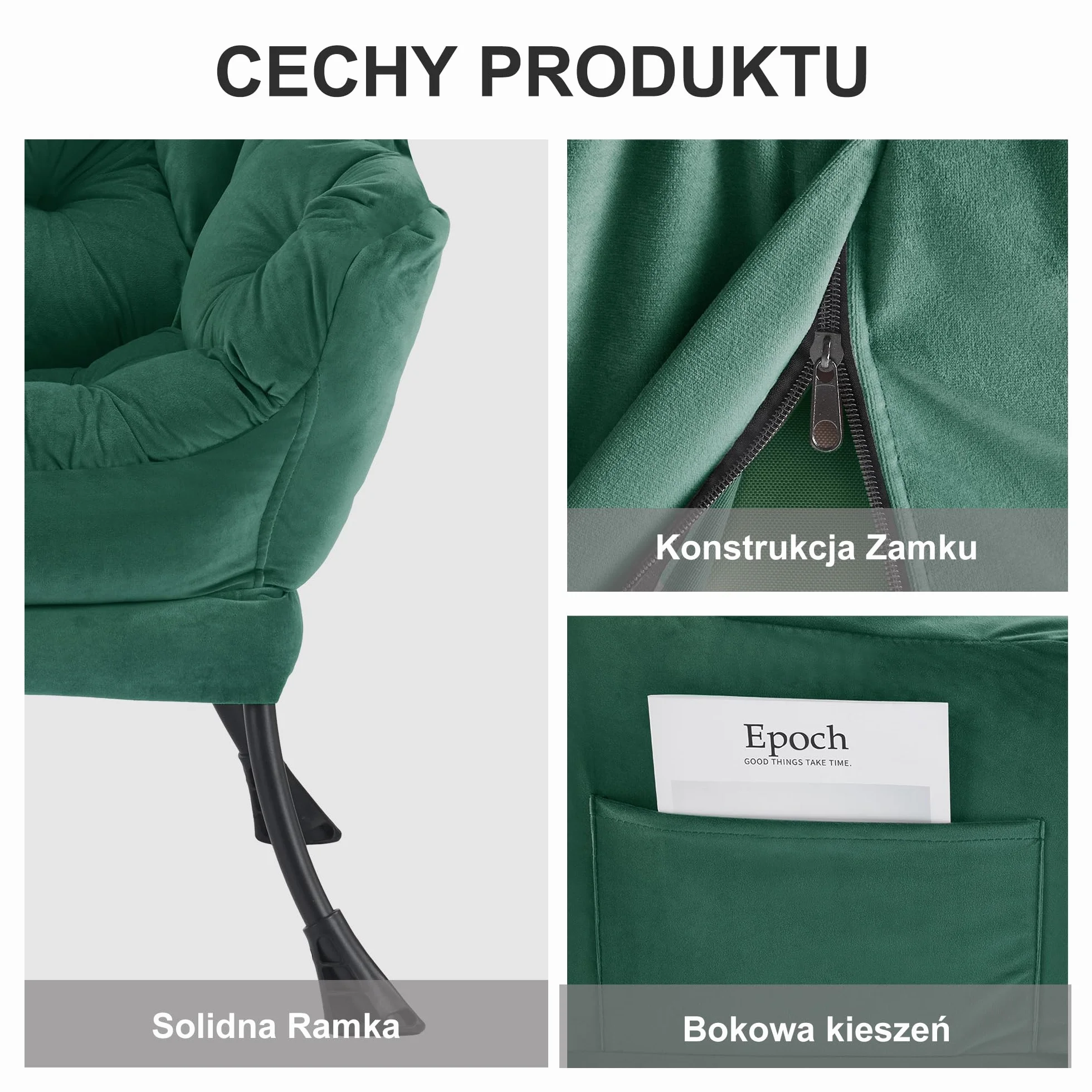 Fotel Leniwe Relaksacyjny Nowoczesny, Aksamitny Krzesło ze Stalową Ramą, z Podłokietnikami i Kieszenią, Fotel Telewizyjny do Salonu (Zielony)
