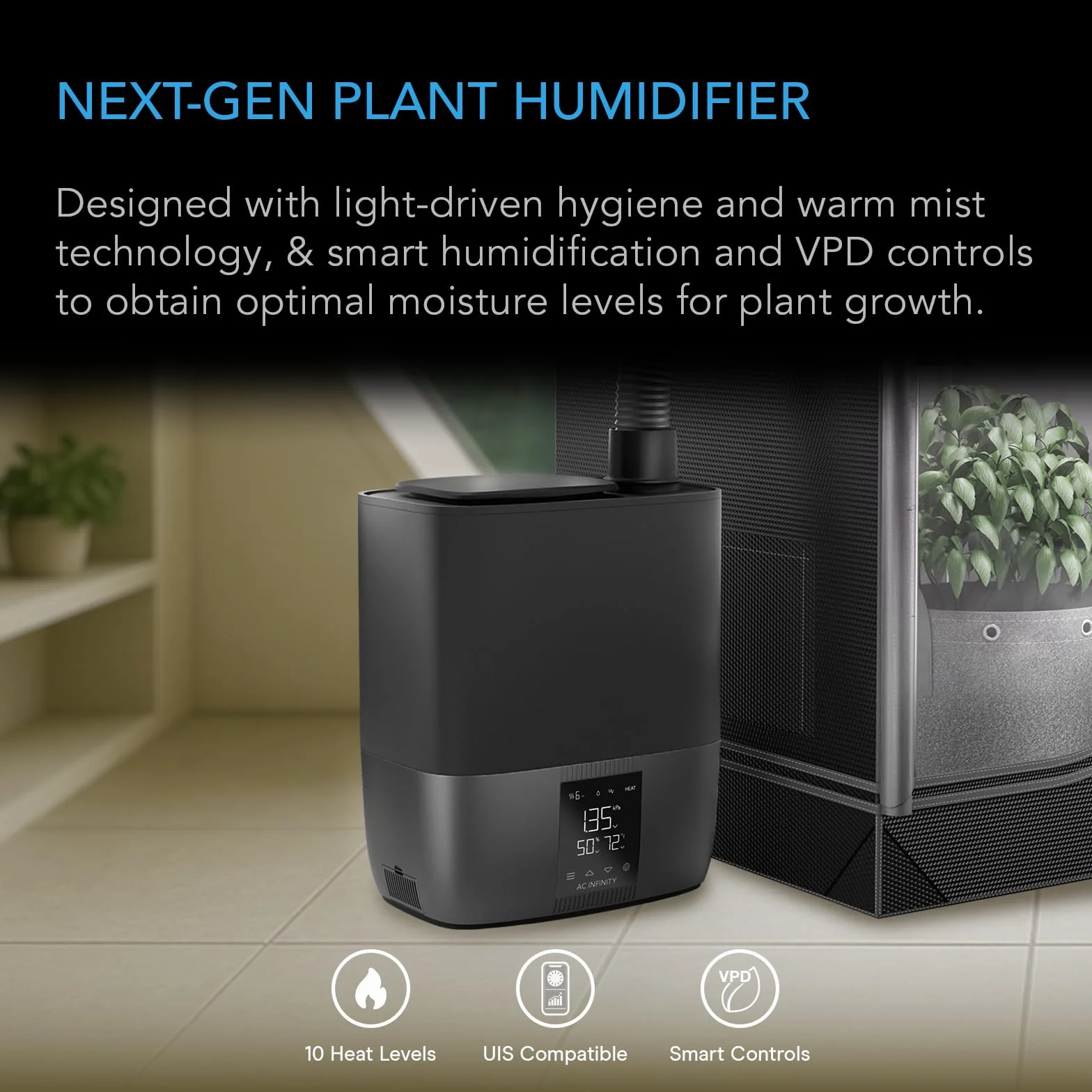 AC Infinity CLOUDFORGE T5, nawilżacz do roślin z ciepłą mgiełką, 9 l, z 10-stopniowym sterowaniem wilgotności VPD, parownik ciepła/zimna, do wszystkich klimatów, ciągłe oczyszczanie wody, wysuwany wąż