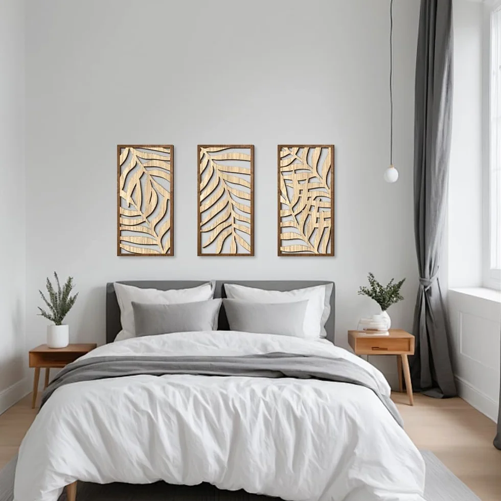 Rongxze Nordycki zestaw drewnianych ścian – 3 panele dekoracyjne ze wzorem liści (40 x 20 cm), dekoracja ścienna, obrazy ścienne, naturalny styl do salonu/sypialni