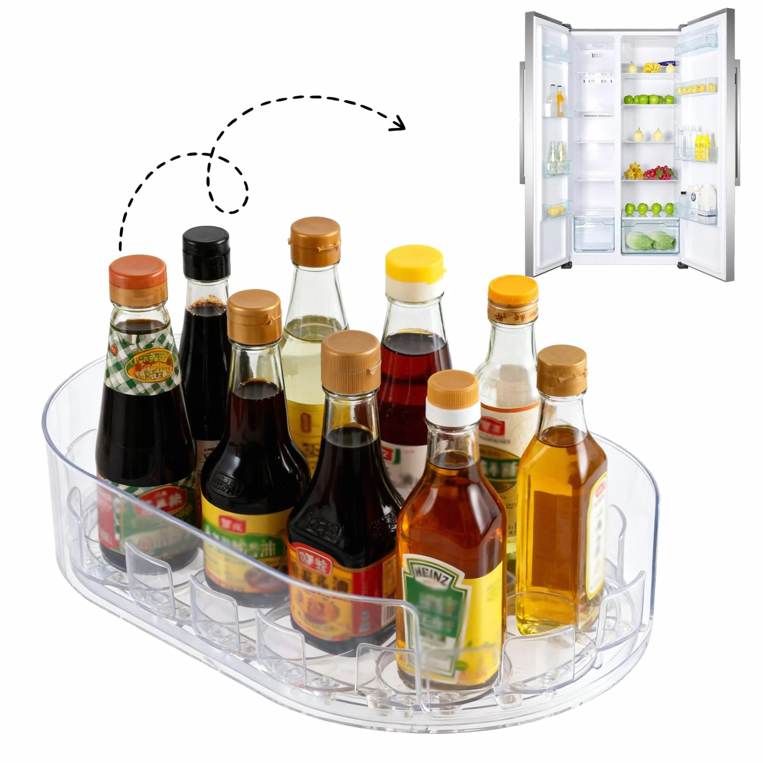 1 sztuka Lazy Susan talerz obrotowy do lodówki, 360° obrotowy mały talerz obrotowy organizer przezroczysty obrotowy blat do lodówki owalny na butelki z przyprawami, butelki z kondimentem