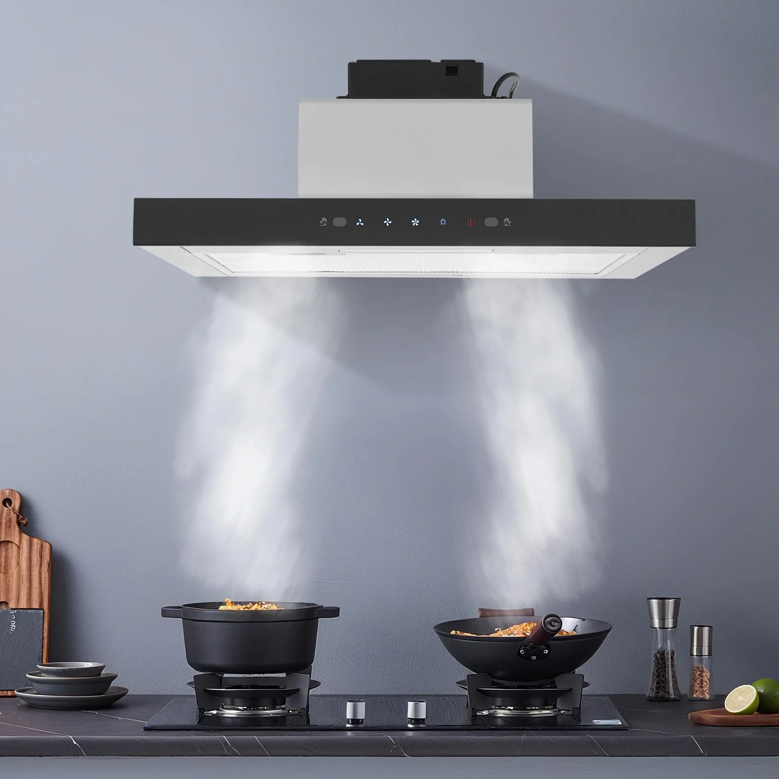 Okap kuchenny 60 cm, wyciągowy, podszafkowy okap ścienny, sterowanie dotykowe i gesty, 3 poziomy mocy, oświetlenie LED, cichy < 55 dB, stal nierdzewna i szkło