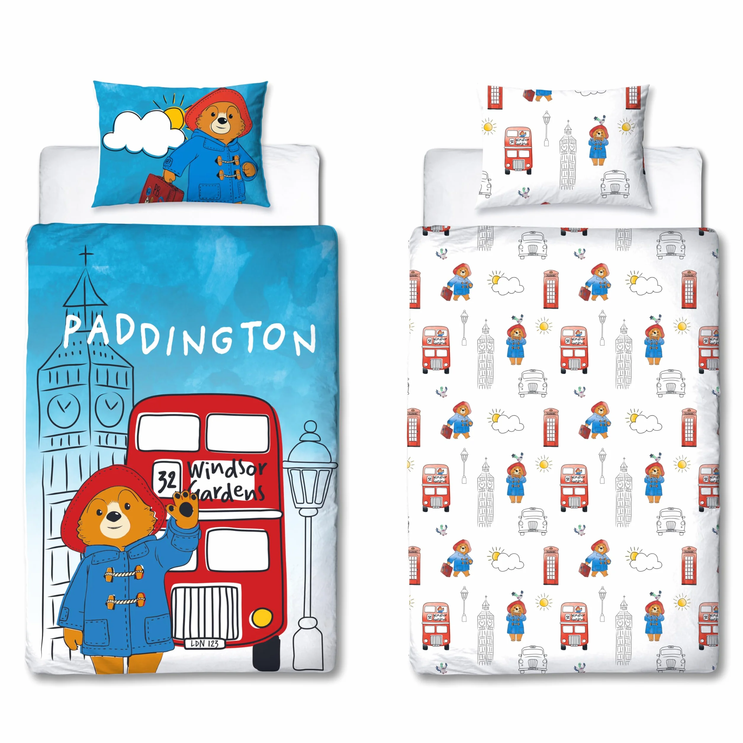 Character World Oficjalny zestaw poszewek na kołdrę Paddington Bear™ | 2-stronna dwustronna konstrukcja stacji, dopasowana poszewka na poduszkę, zestaw na pojedyncze łóżko, biały i niebieski, bawełna