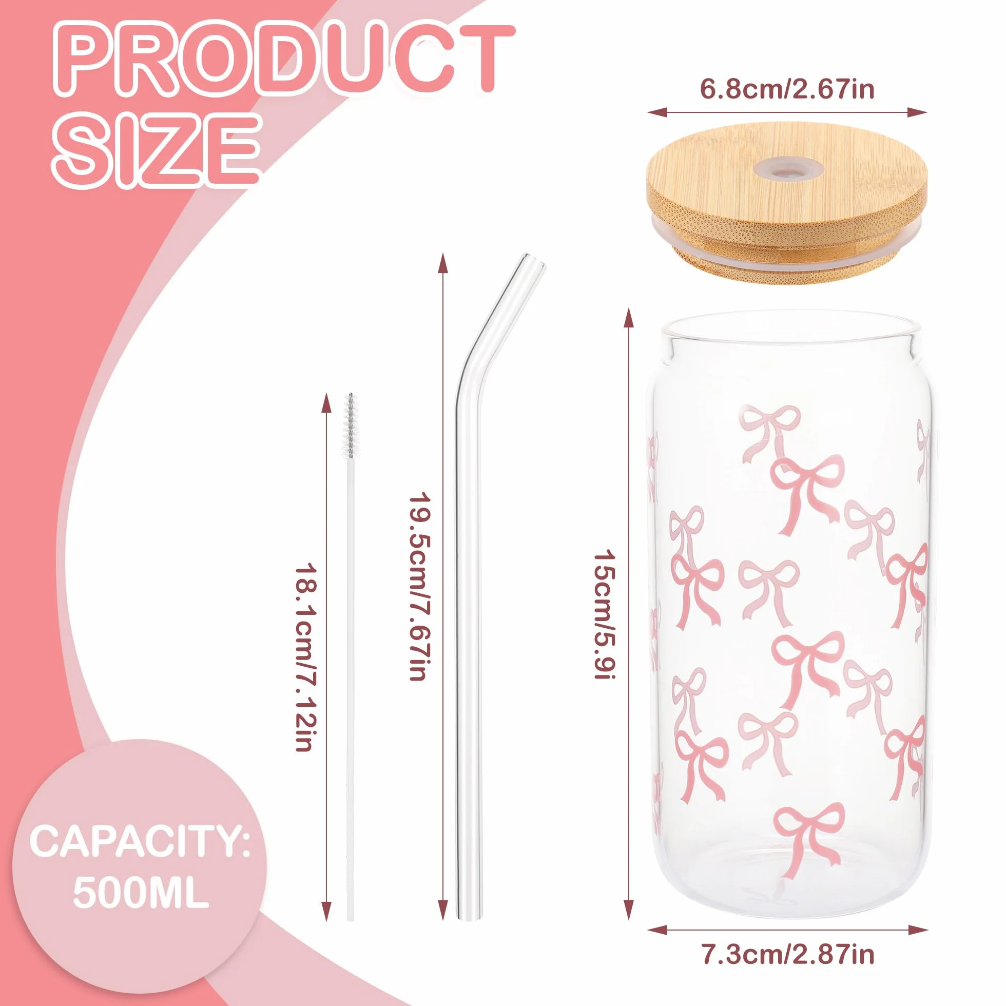 Hejo Bow Szklanka z Pokrywką i Słomką, 500 ml, Elegancki Kubek do Picia Pink Stuff, Szkło do Matchy z Aesthetic Clean Girl - Przezroczyste Naczynie do Kawy
