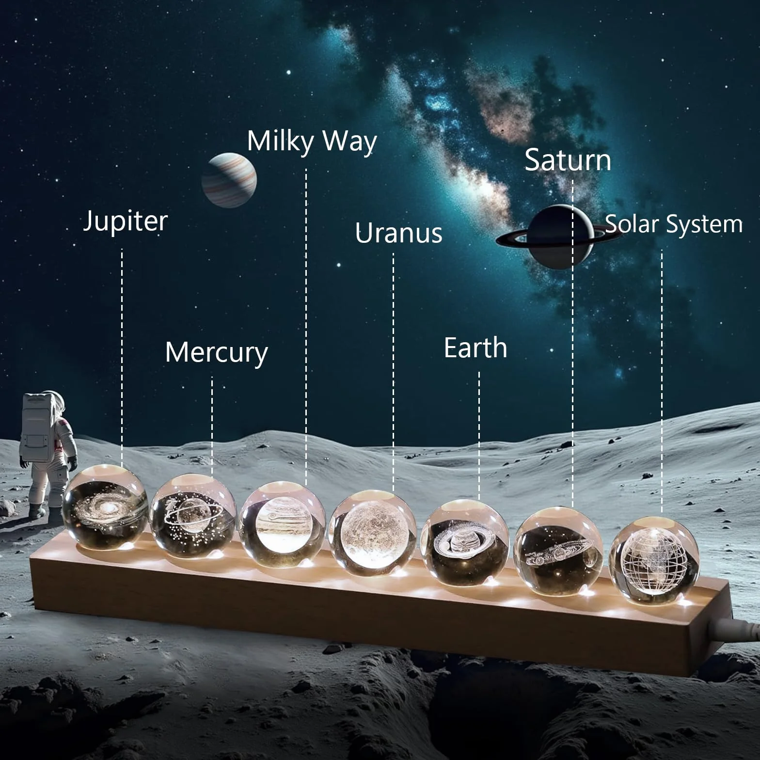 Hivexagon Dekoracja z 7 galaktycznej kryształowej kuli z drewnianym stojakiem LED – system galaktyczny 3D, ziemia, księżyc, Saturn, 40 mm, kryształowa kula idealna na prezent dekoracyjny