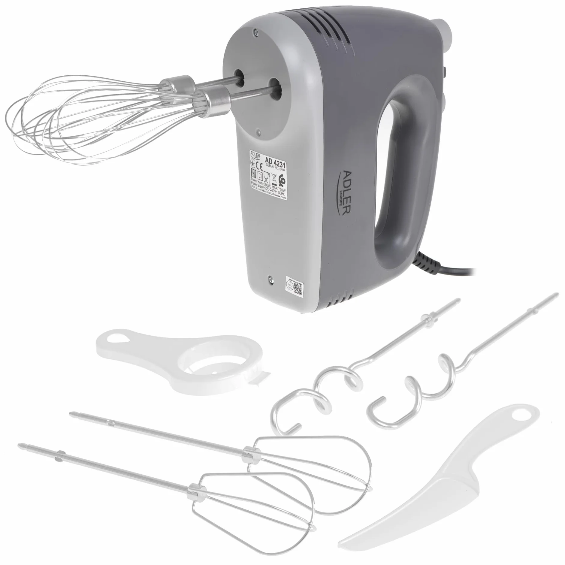 ADLER AD 4231 Mikser Ręczny 750W 5 Prędkości Turbo Końcówki Stal Nierdzewna 21 cm Szary