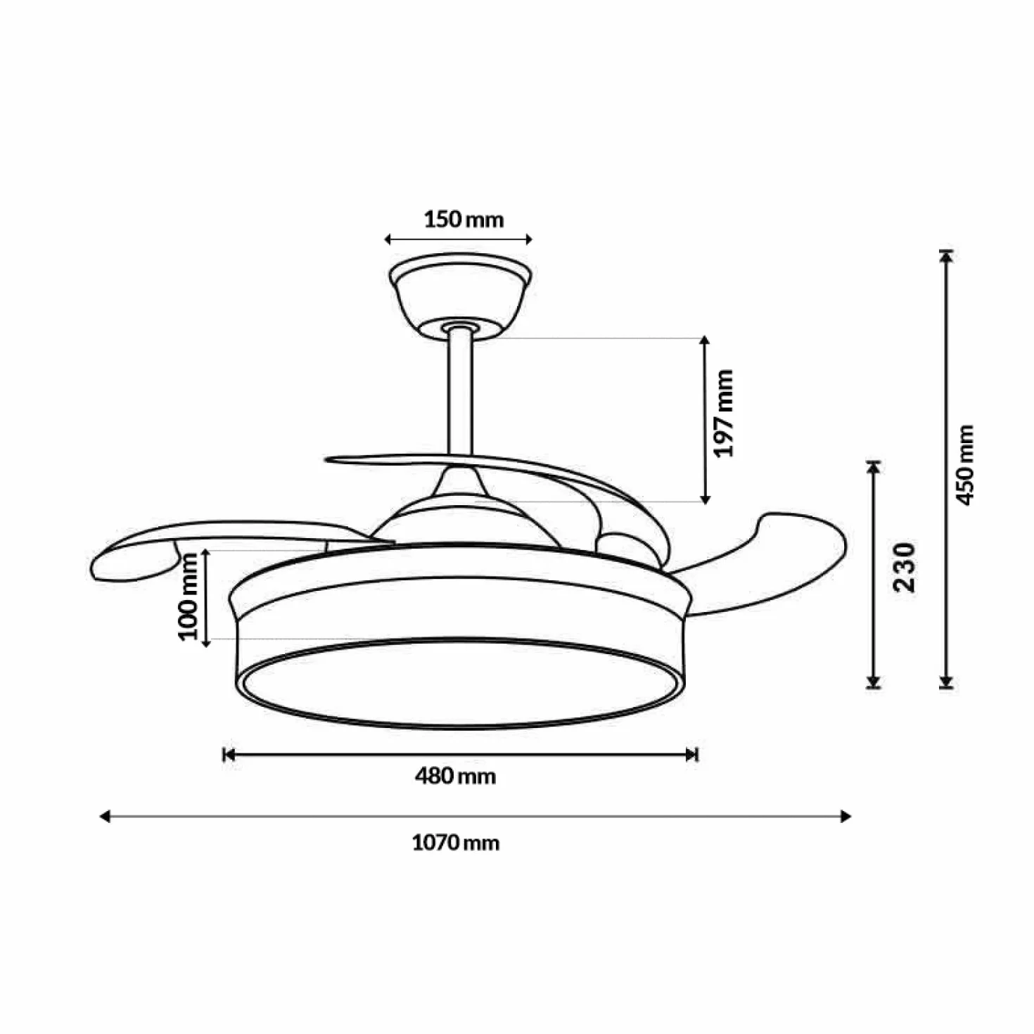 M mimotec - Wentylator sufitowy z oświetleniem LED Messe 72W, biały, pilot zdalnego sterowania, niskie zużycie energii, silnik prądu stałego, 6 prędkości, cichy, 4 rozkładane łopatki, funkcja