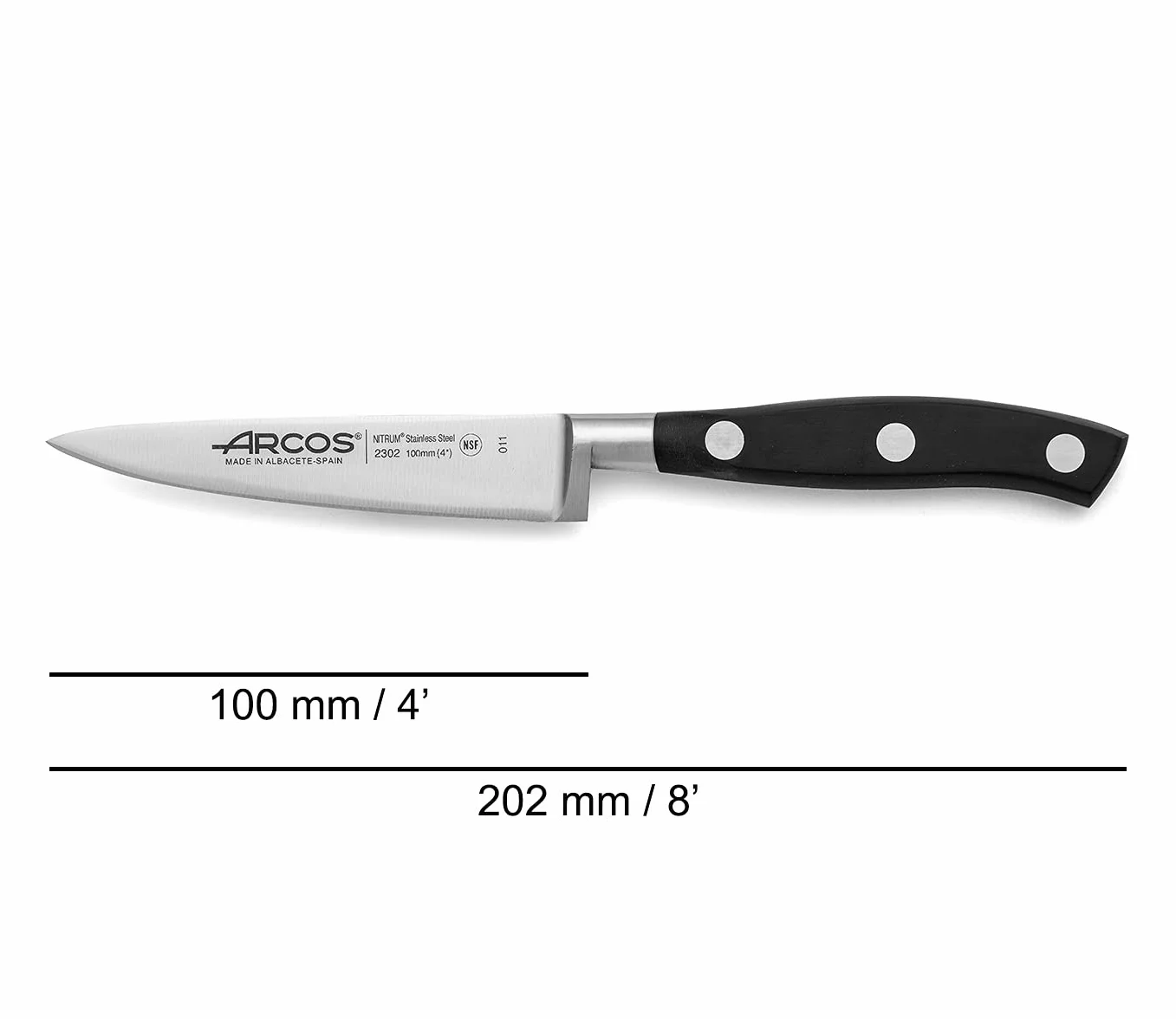 Arcos Zestaw noży kutych, 3-częściowy zestaw noży azotowych ze stali nierdzewnej i ostrze mm, 729 gr, mały i lekki, ergonomiczny uchwyt z polioksymetylenu POM, seria Riviera, cienkie ostrze z gładką