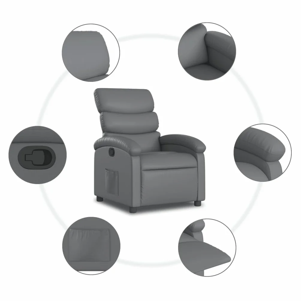 Fotel relaksacyjny, szary, sztuczna skóra z ręczną funkcją leżenia, stabilna rama metalowa, szerokie podłokietniki, kieszeń boczna i ergonomiczny komfort do salonu, biura i kącika do czytania