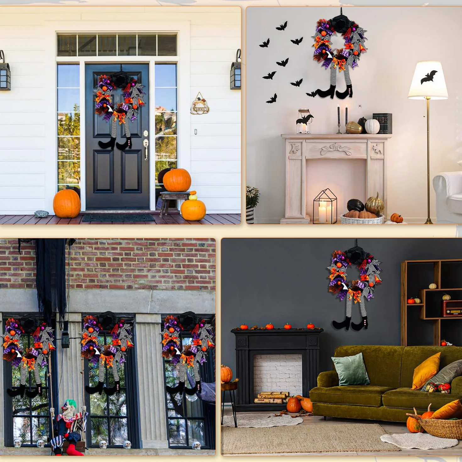 chenyu Dekoracje na drzwi Halloween Wieniec czarownic 62 cm Halloween Dekoracje Kapelusz Czarownicy z dyni Łapy Dyni Wiszące Dekoracje Kominkowe Pokoje