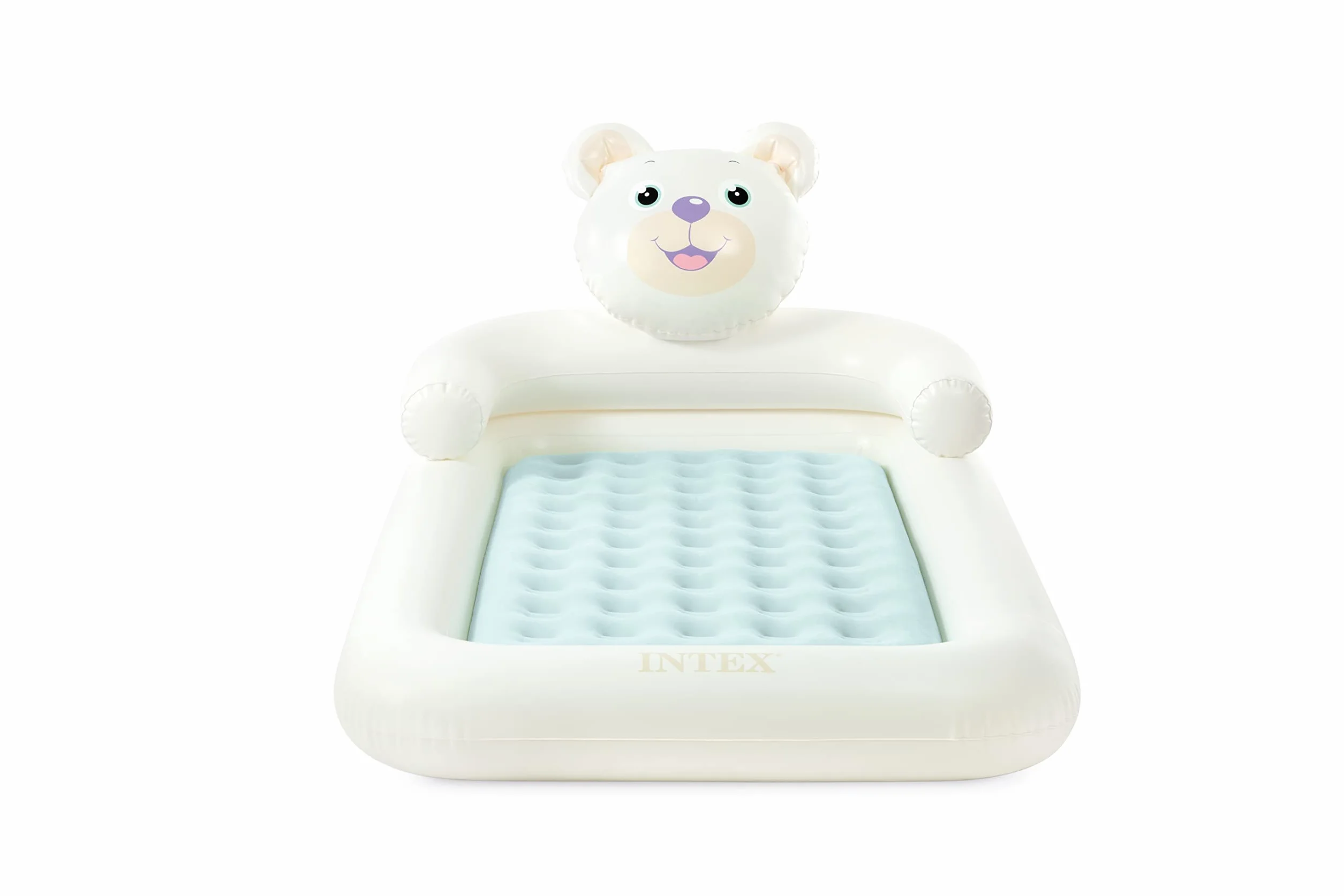 Intex 66814EP Bear Kidz nadmuchiwany zestaw łóżek podróżnych: zawiera pompkę ręczną i torbę transportową - zdejmowany materac - szybkie nadmuchiwanie - do użytku wewnątrz - 71 x 132 x 10 cm