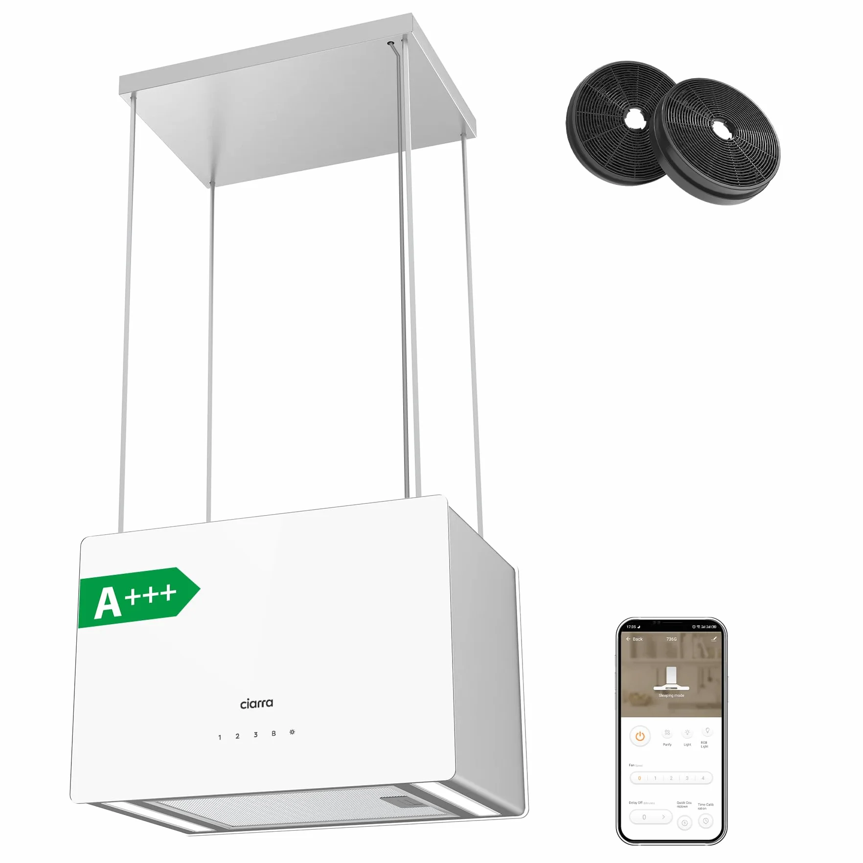 CIARRA CBCS4850 wyspowy okap kominowy klasa A++ 48cm 700m³/h WiFi & Touch Control Filtr węglowy w zestawie 4 prędkości 2 światła LED Biały