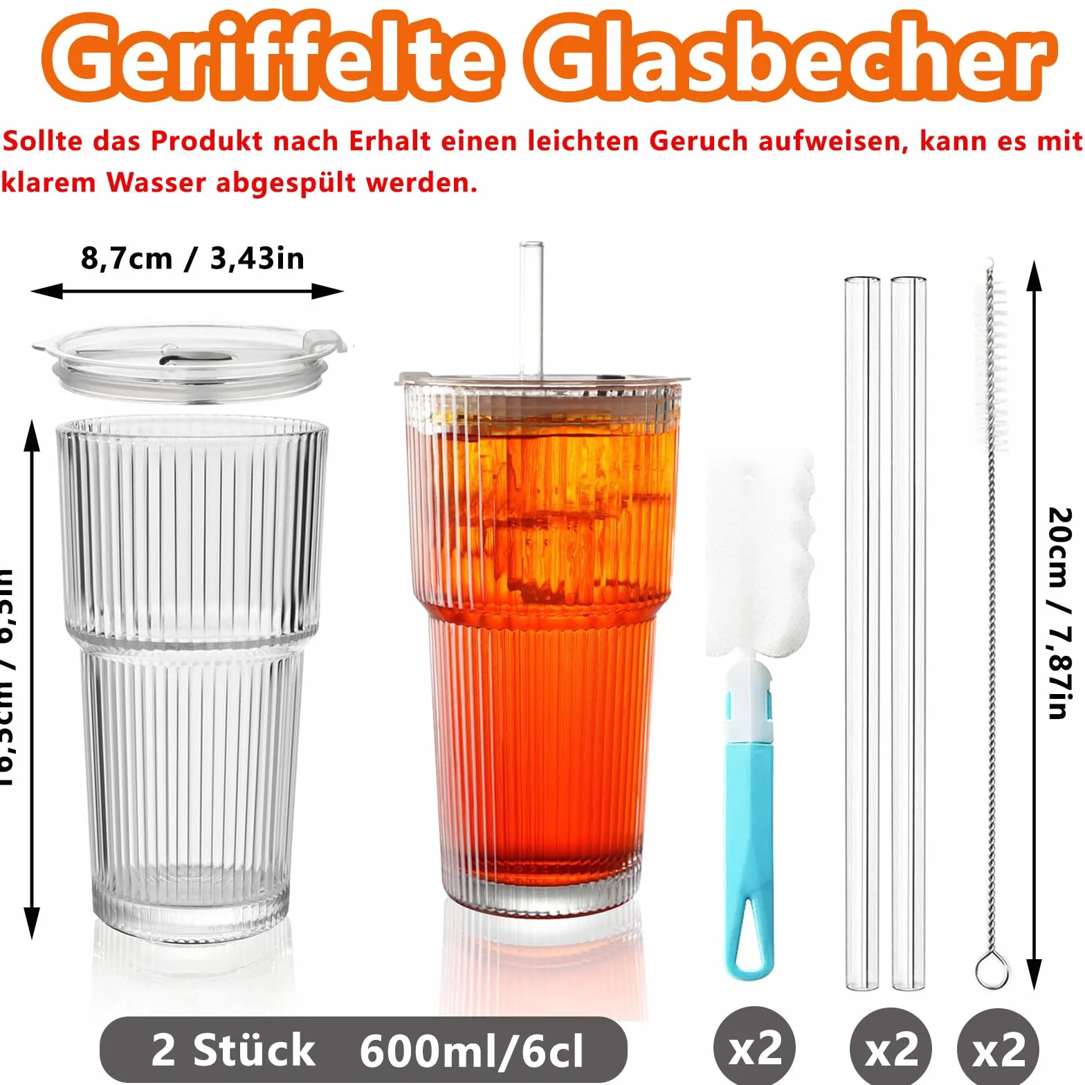 Szklane kubki z ryflowanym kubkiem, 2 sztuki, szklanki do drinków, szklanki do longdrinków, w paski, z pokrywką i słomką, 600 ml, kubek do smoothie, szklany kubek do herbaty, z pędzelkiem do