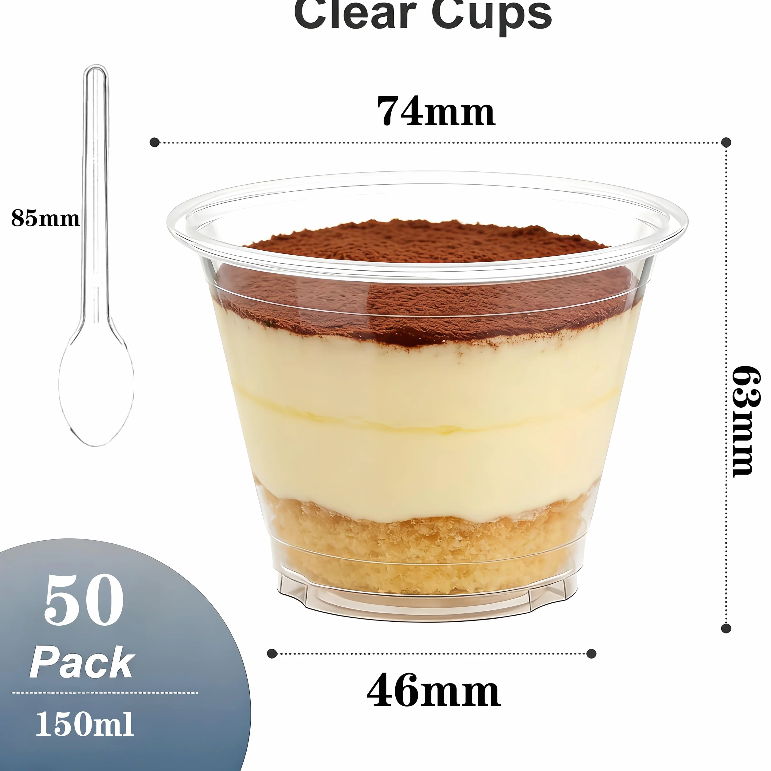 Plastikowe słoiki deserowe, 50 sztuk, 150 ml, wielokrotnego użytku, 50 sztuk, łyżki, plastikowe kubki deserowe, kubki do picia