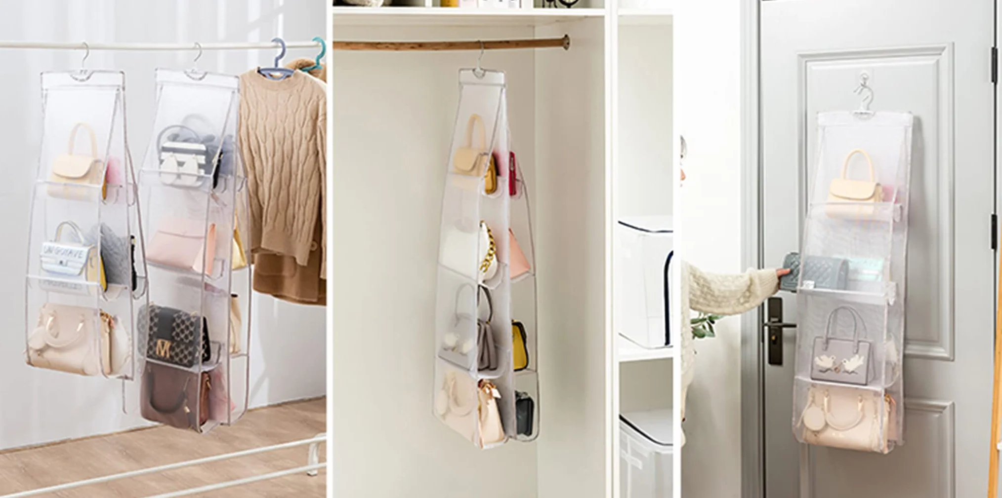 AARAINBOW Wiszący organizer do torebki, oddychające włókno poliestrowe + organizer do torebki z PCW, 8 łatwo dostępnych kieszeni, garderoba, system oszczędzania miejsca, nadaje się do prania, 46 dł. x