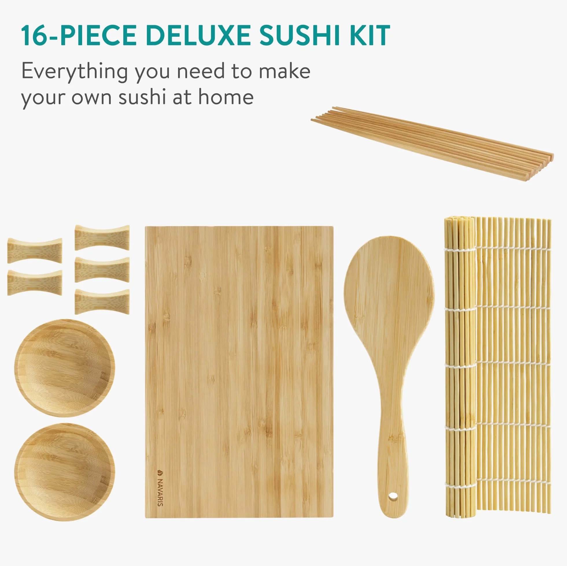 Navaris Sushi Maker kompletny zestaw – 16-częściowy zestaw akcesoriów bambusowych z 2 matami do sushi, 1 x łyżką do ryżu, 1 tacą, 5 pałeczkami i półką na pałeczki, 2 x miska do dipów