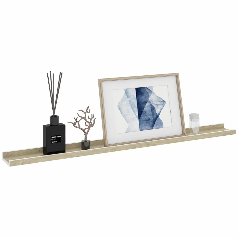 Regały ścienne, zestaw 2 sztuk, białe i dąb Sonoma, 100 x 9 x 3 cm, wytrzymałe półki wiszące z płyty MDF na książki, dekoracja, rośliny, uniwersalny montaż ścienny, nowoczesne wzornictwo