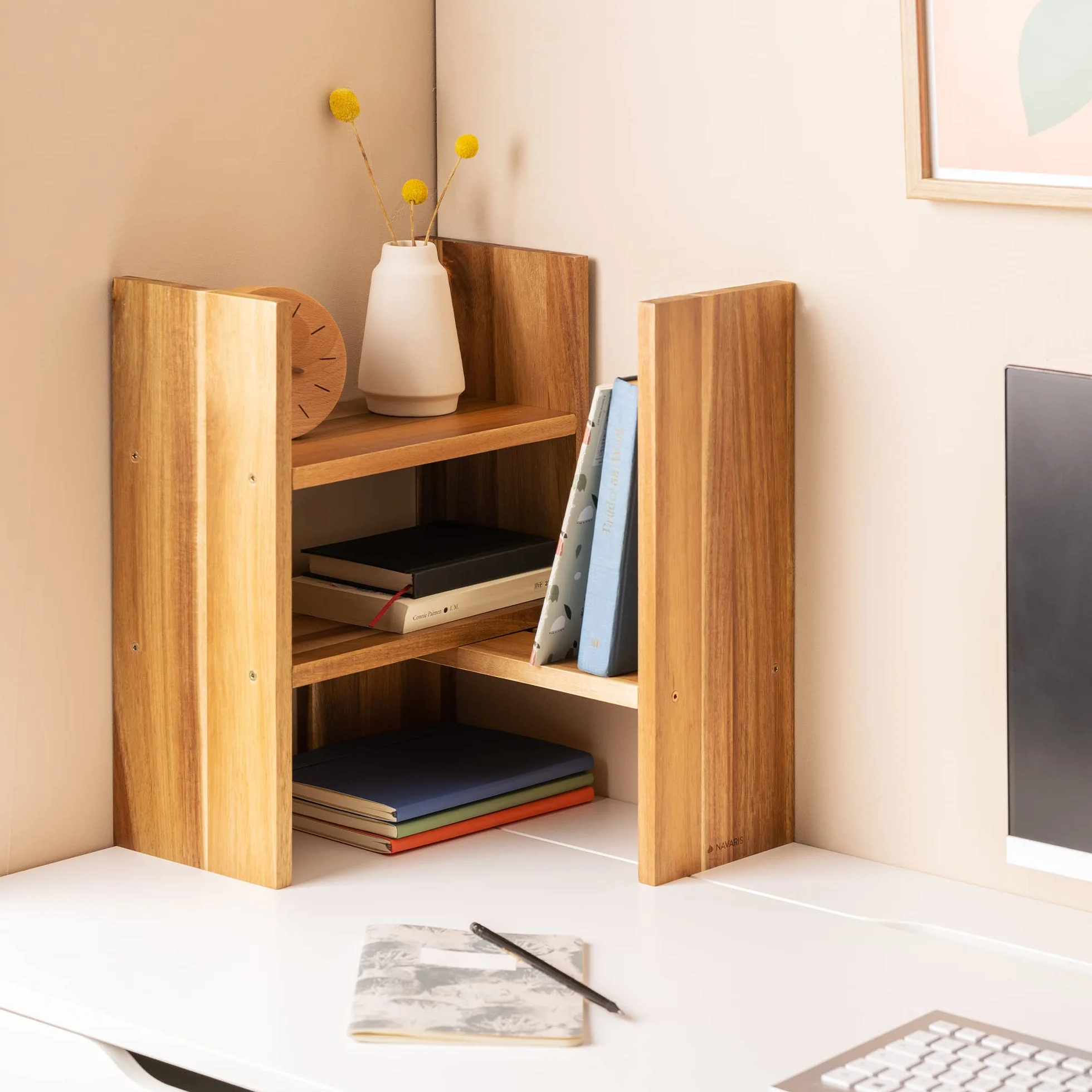 Navaris Organizer na biurko z akacji 64 x 15,5 x 40 – regał narożny regulowany naturalny