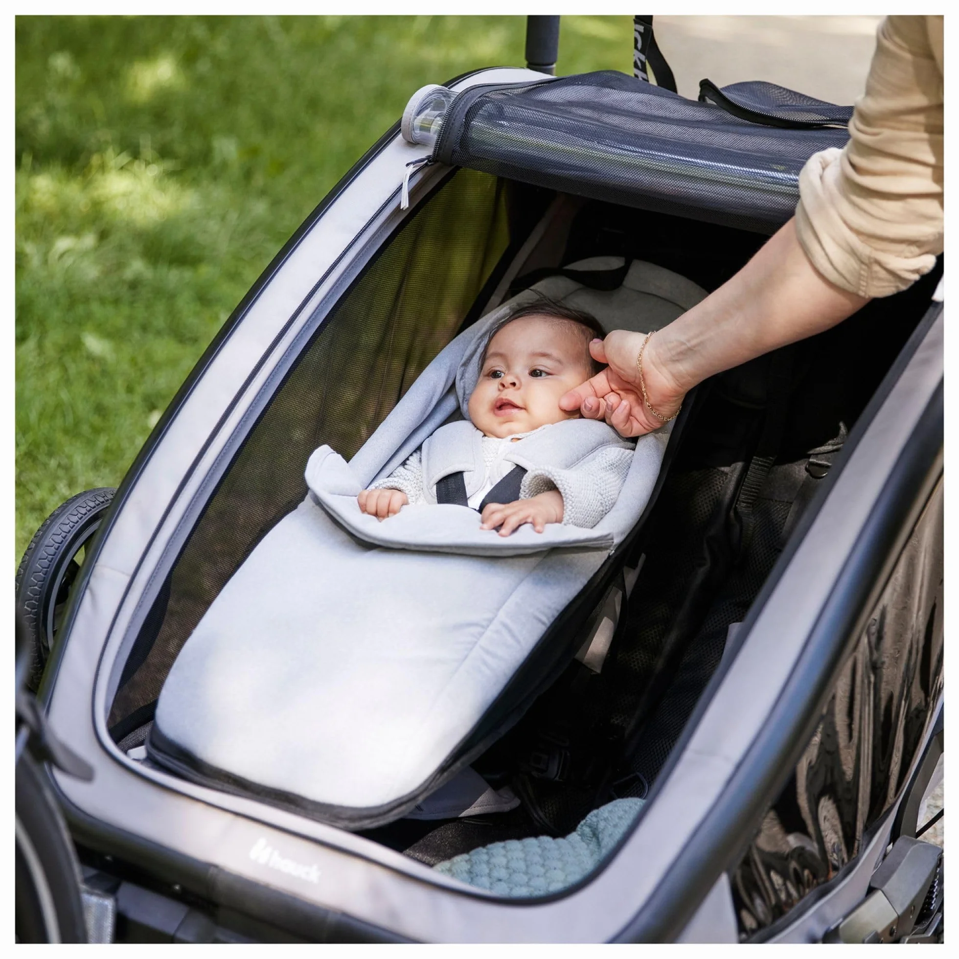 hauck Hamak dla niemowląt Velo Baby Lounger 2 dla Dryk Duo, Dryk Duo Plus & Bike N Walk Duo - fotelik dla noworodka od 1 miesiąca, z pokrowcem na nogi, kablem głowy, 5-punktową uprzężą - szary