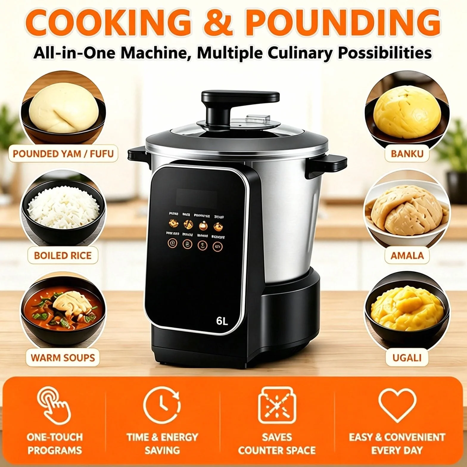 Automatyczny przyrząd do robienia jaskółek do Fufu, Pounded Yam, Bank | Maszyna do ubijania ignamu ze stali nierdzewnej o mocy 900 W, 6-litrowa maszyna do produkcji Fufu Yam Pounder