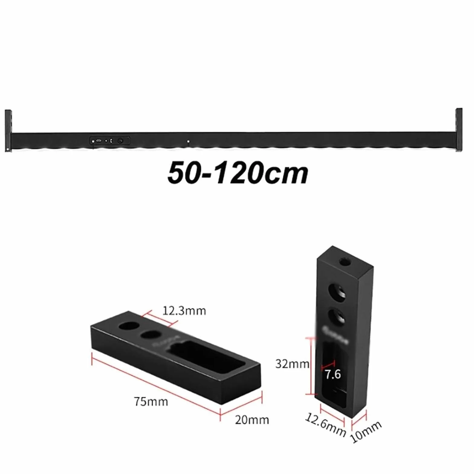 Drążek do szafy z oświetleniem LED 50-130 cm, wytrzymały drążek do szafy, obciążenie 75 kg, metalowy wieszak na ubrania, drążek do szafy z wbudowaną baterią litową (czarny, 700 mm)
