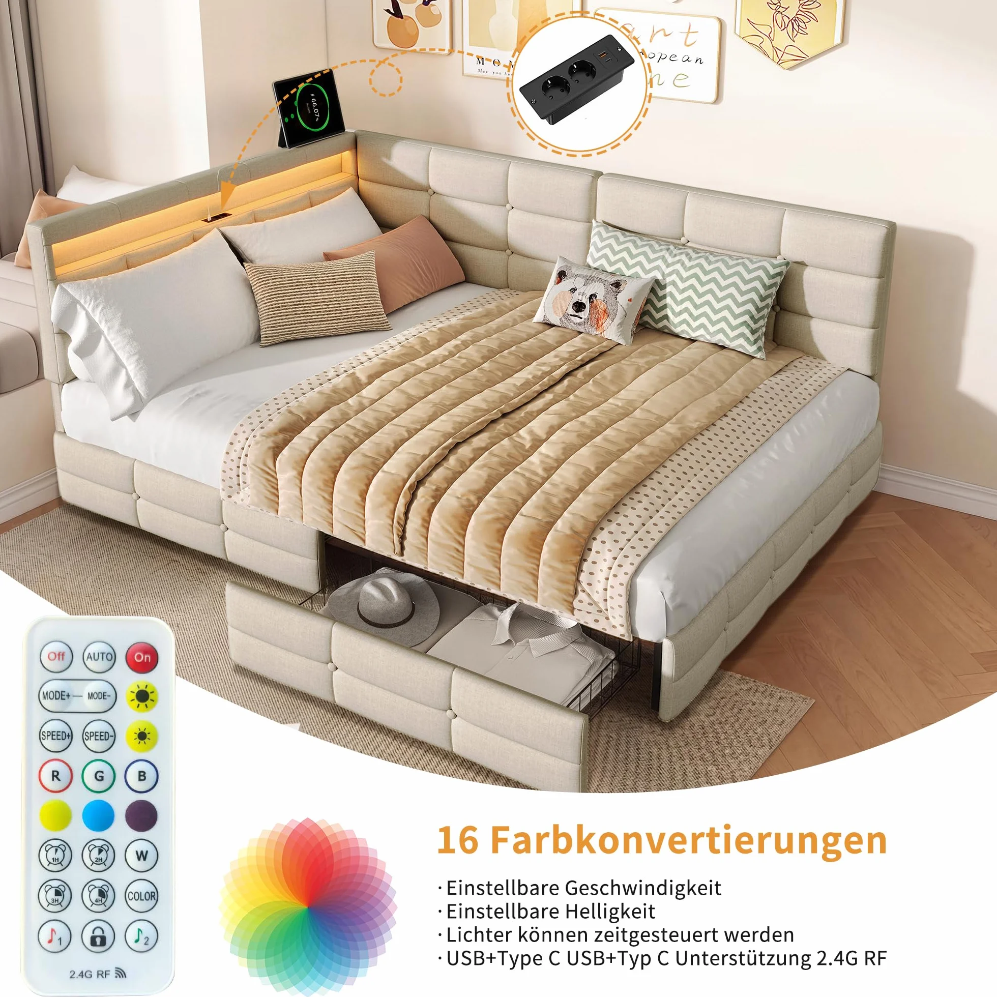 Łóżko tapicerowane Schlafsofa 140x200 cm, łóżko dzienne z 2 szufladami i stelażem z listew, sofa-łóżko, łóżko dwuosobowe z diodami LED i USB, łóżko dzienne, łóżko młodzieżowe, stelaż łóżka, len