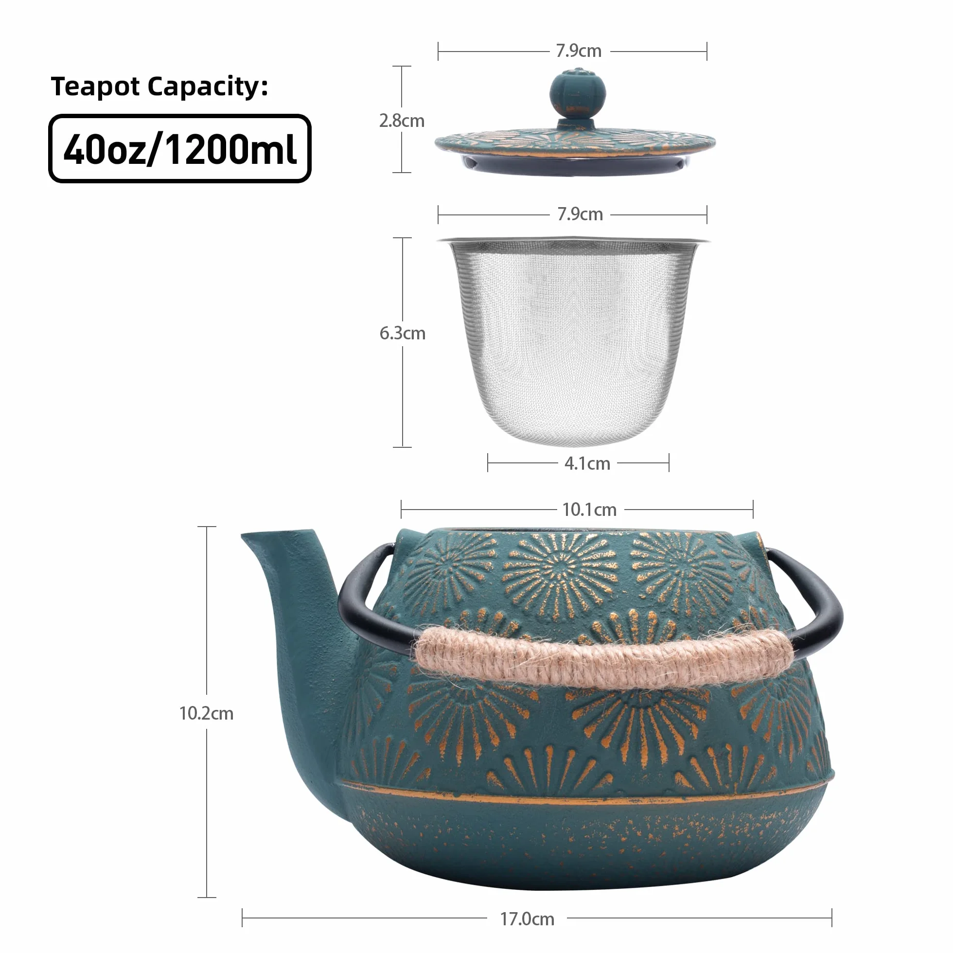 Żeliwny czajniczek, czajnik do herbaty na blat z zaparzaczem, duża pojemność 1200 ml Sakura Design japoński dzbanek do herbaty do luźnych liści powlekany emaliowanym wnętrzem, 1,134 g