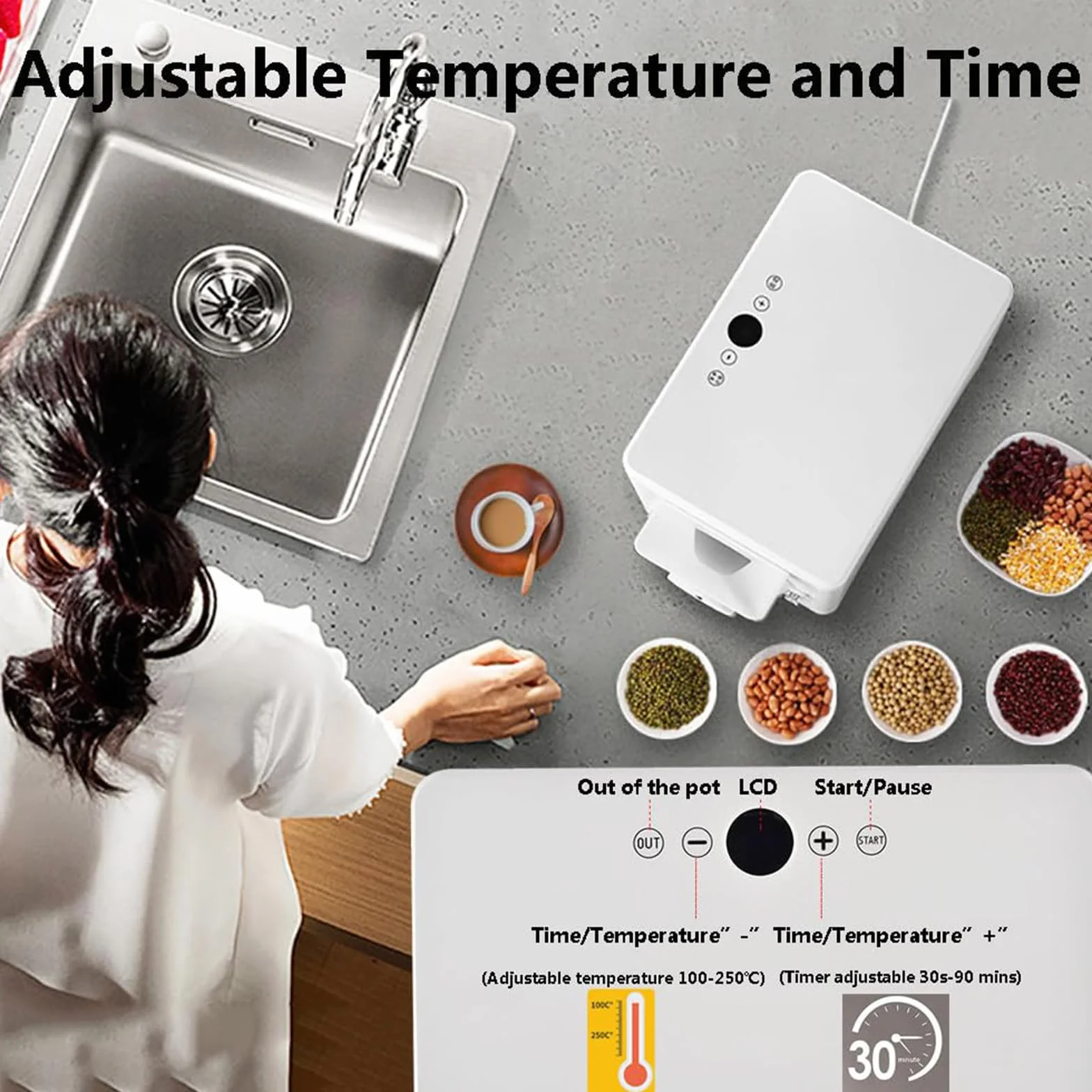 Elektryczny palacz kawy 1500 g, inteligentny palacz kawy ziarnistej o mocy 1600 W, timer 0-90 minut i kontrola temperatury 100-250°C (White)