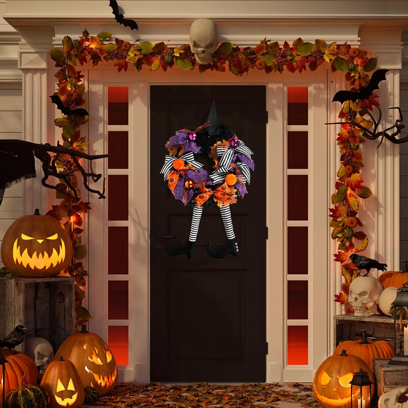 Halloweenowy Wieniec na Drzwi z Nogą Czarownicy, Kapeluszem Wiedźmy i Dynią - Dekoracja na Halloween