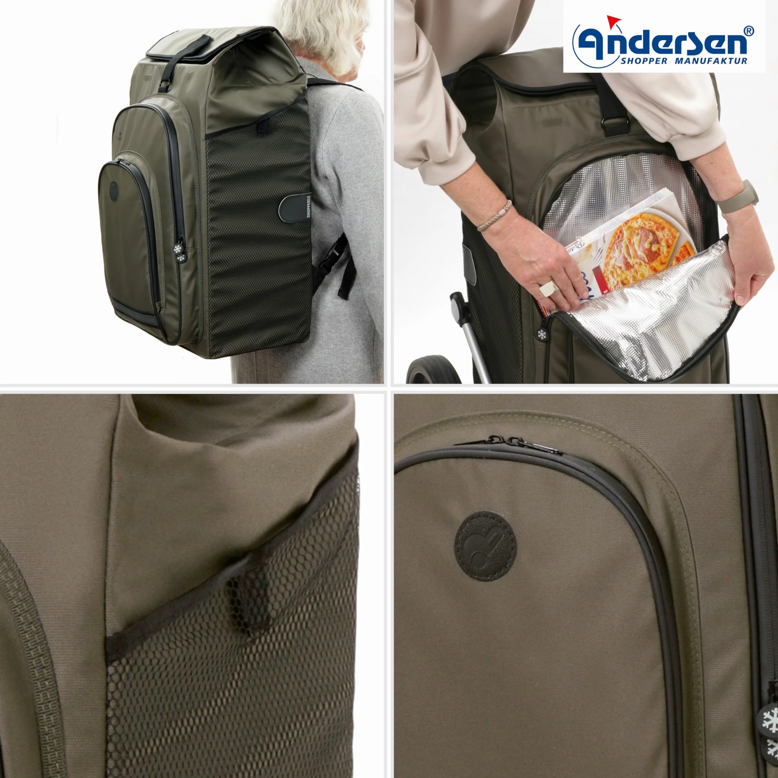 ANDERSEN Wózek na zakupy – Tura Shopper Hydro 3.0 Oliv 62 l Bike, wózek na zakupy, plecak, termiczny, aluminium, ergonomiczny uchwyt, składany, koło z łożyskiem kulkowym